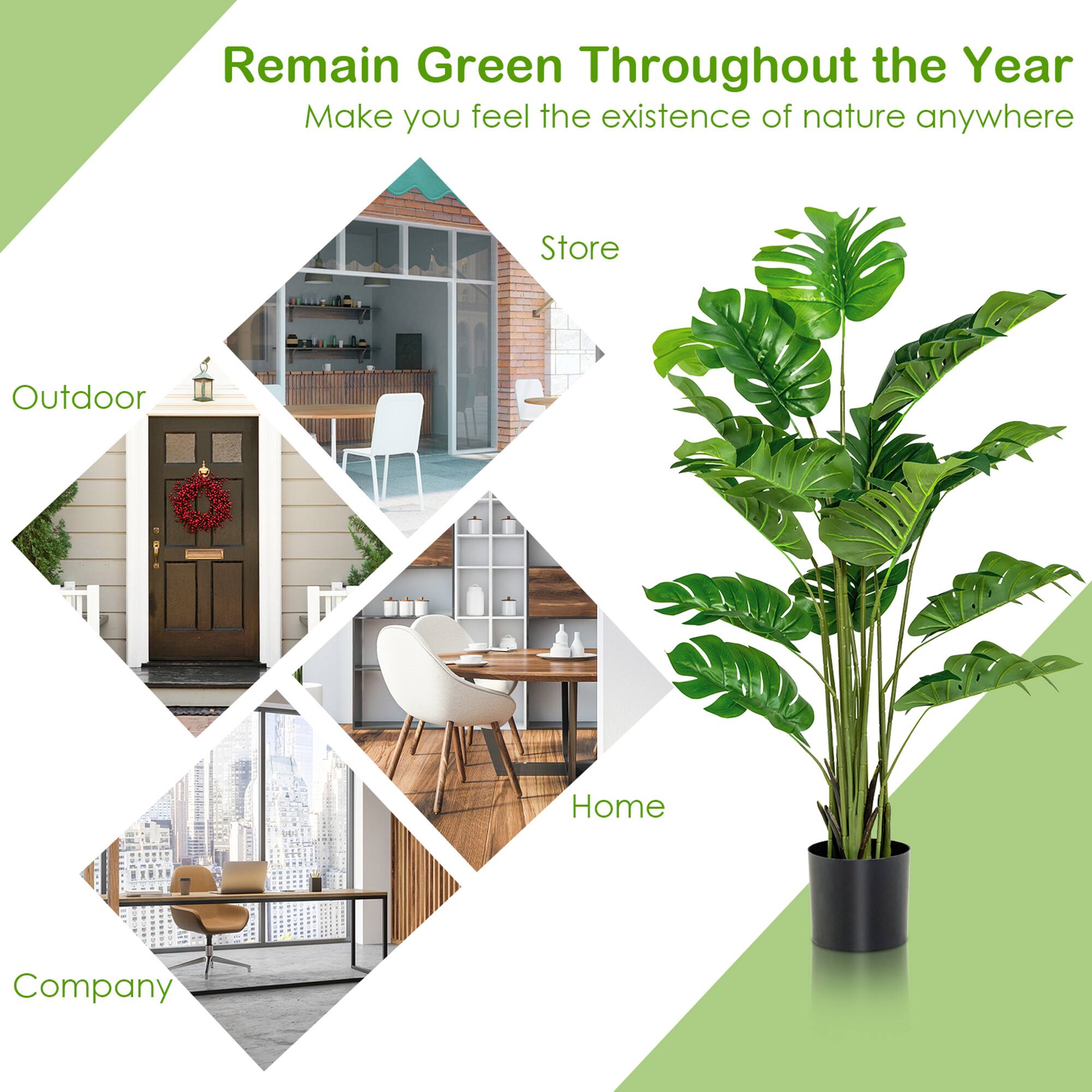 Remain Green Throughout the Year  
Make you feel the existence of nature anywhere  

Outdoor  
Store  
Home  
Company