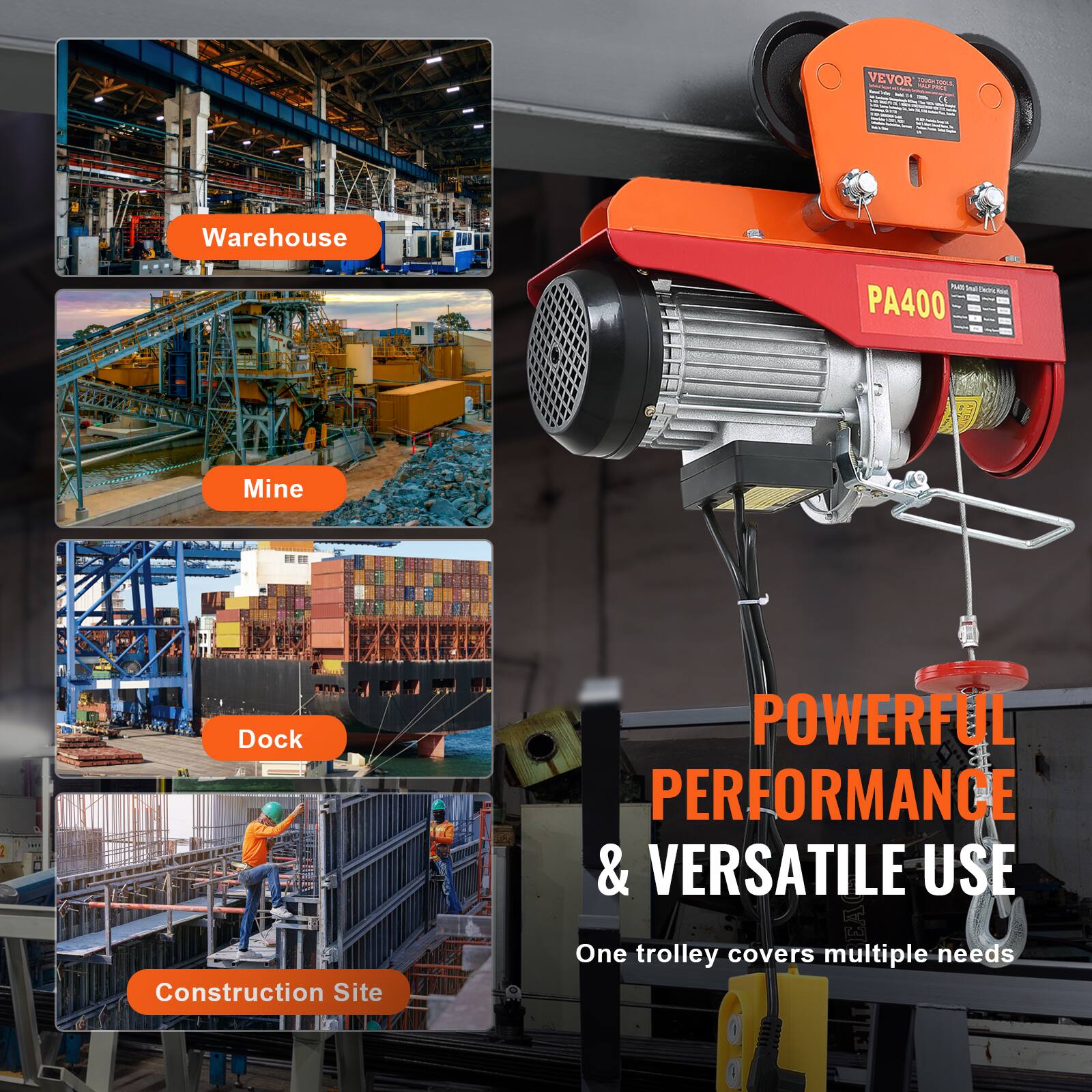 VEVOR PA400

POWERFUL PERFORMANCE & VERSATILE USE

One trolley covers multiple needs:

- Warehouse
- Mine
- Dock
- Construction Site