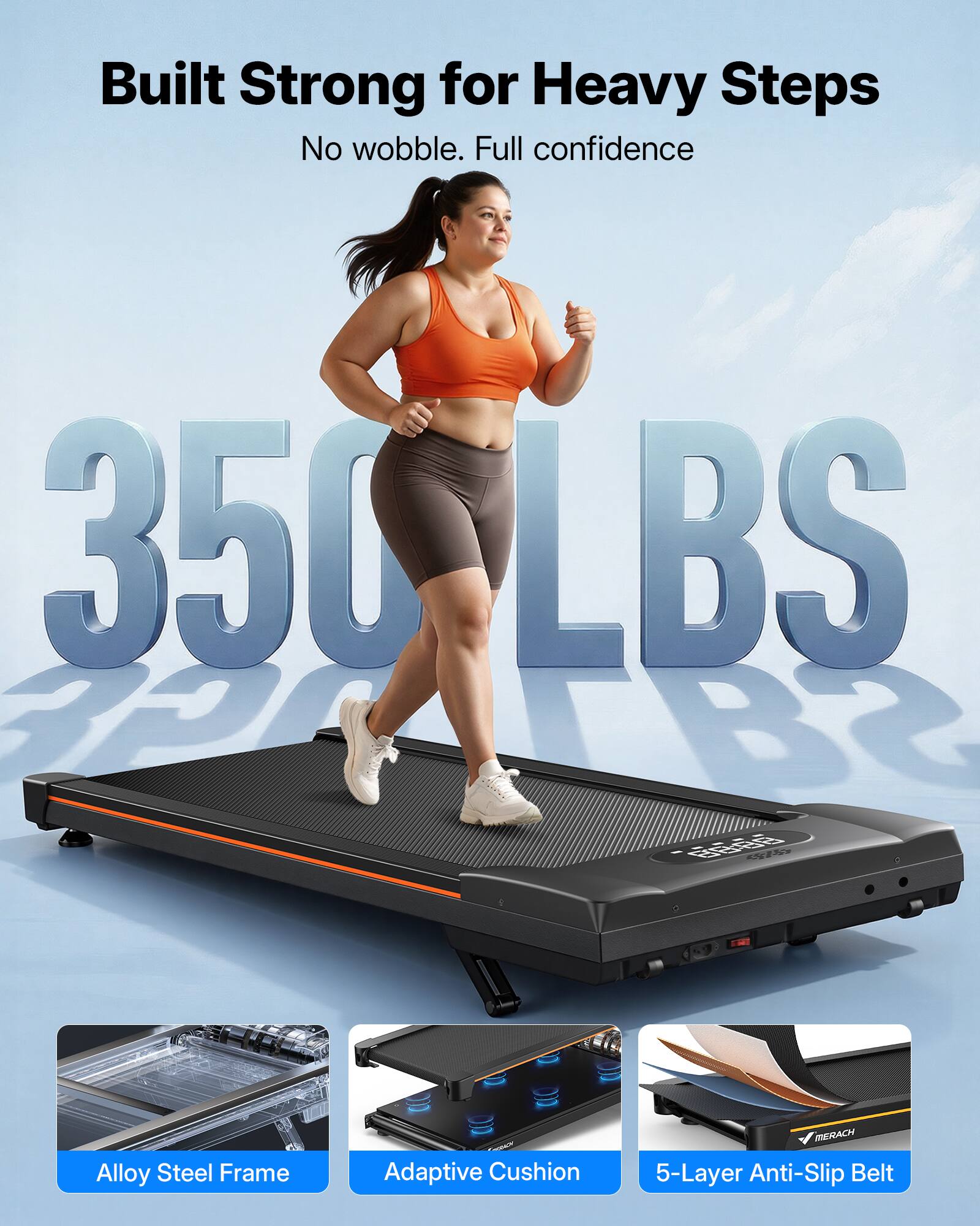 Built Strong for Heavy Steps  
No wobble. Full confidence  

350 LBS  
Alloy Steel Frame  
Adaptive Cushion  
MERACH 5-Layer Anti-Slip Belt