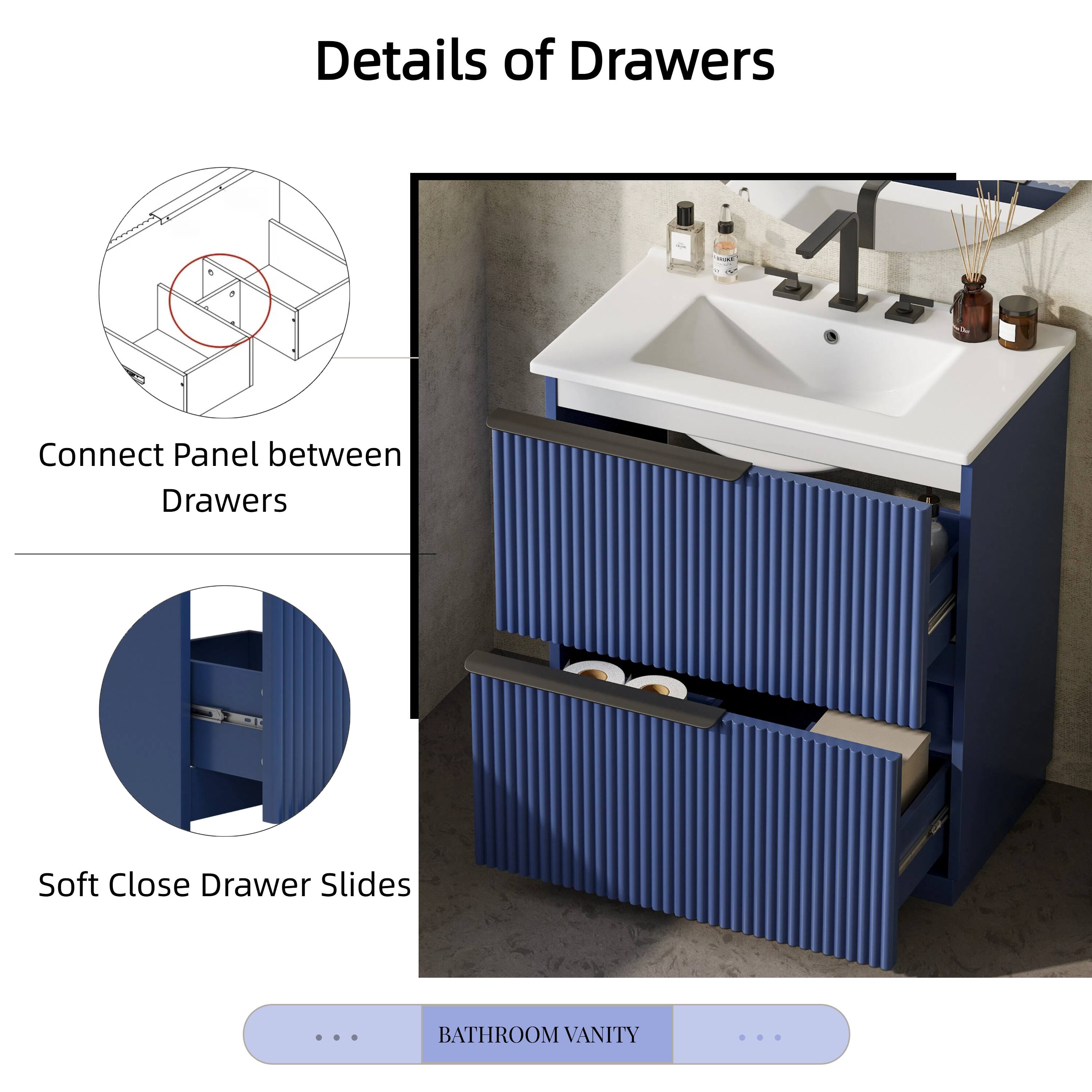Details of Drawers

- Connect Panel between Drawers
- Soft Close Drawer Slides

BATHROOM VANITY