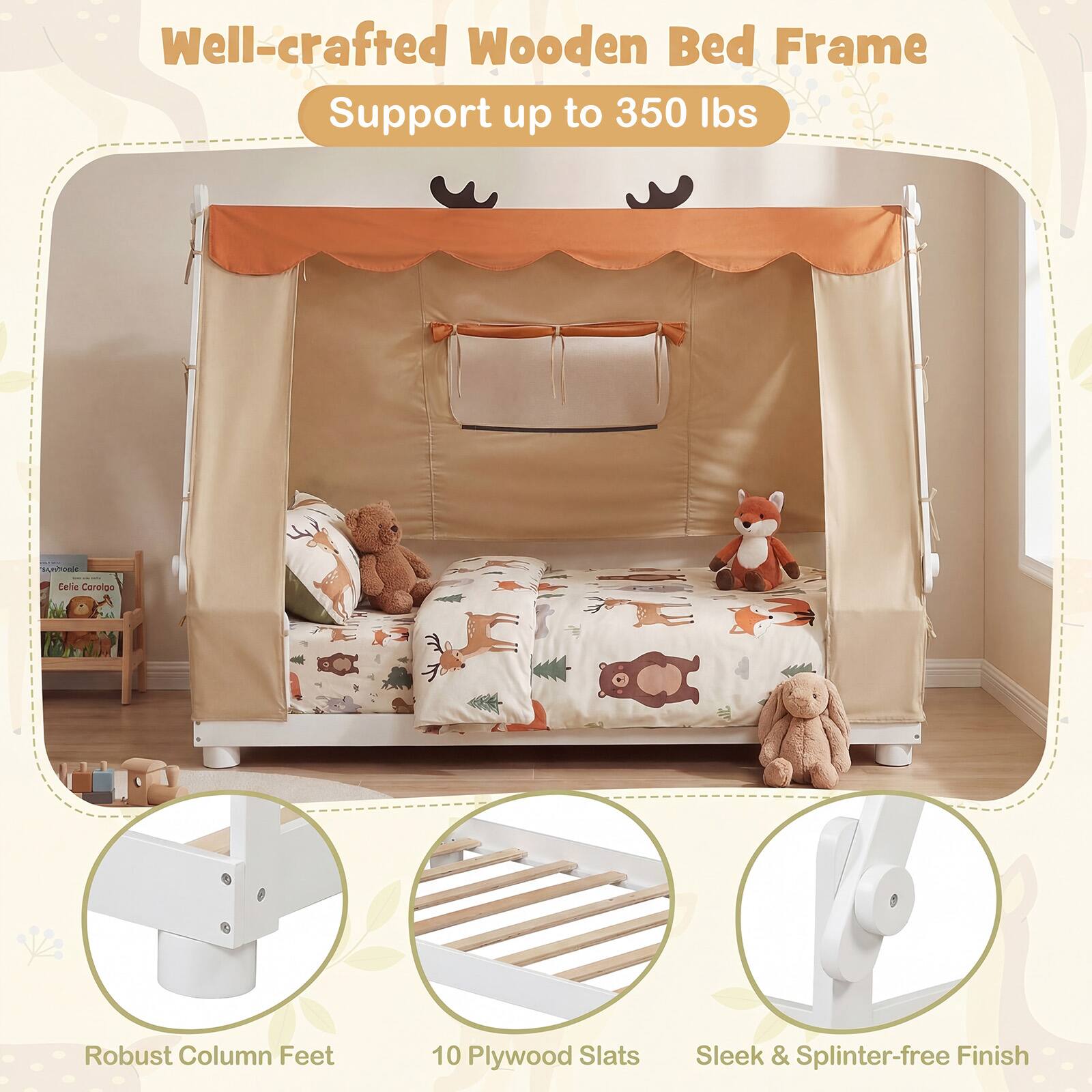 Well-crafted Wooden Bed Frame  
Support up to 350 lbs  

- Robust Column Feet  
- 10 Plywood Slats  
- Sleek & Splinter-free Finish