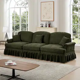 Anysun - Mid-Century Chenille 3-Seat Sofa - Flared Arms, Ruffled Skirt & Spindle Legs for Living Room - Green