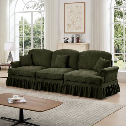 Front. Anysun - Mid-Century Chenille 3-Seat Sofa - Flared Arms, Ruffled Skirt & Spindle Legs for Living Room - Green.