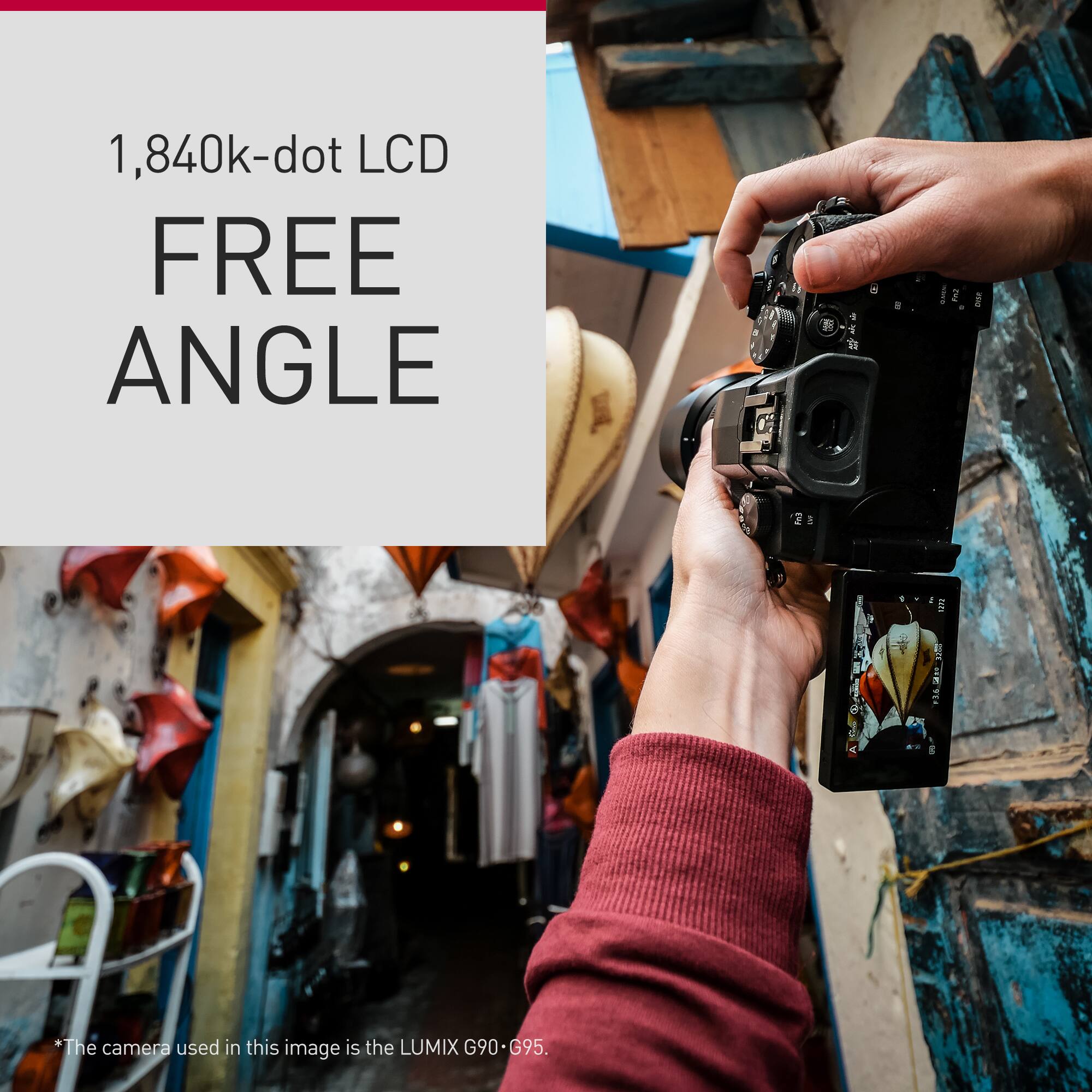 The image features a person holding a camera, specifically a LUMIX G90/G95, and taking a picture. The camera is positioned at a free angle, capturing a unique perspective. The person is likely a photographer or enthusiast, showcasing their skills and creativity in capturing the scene.