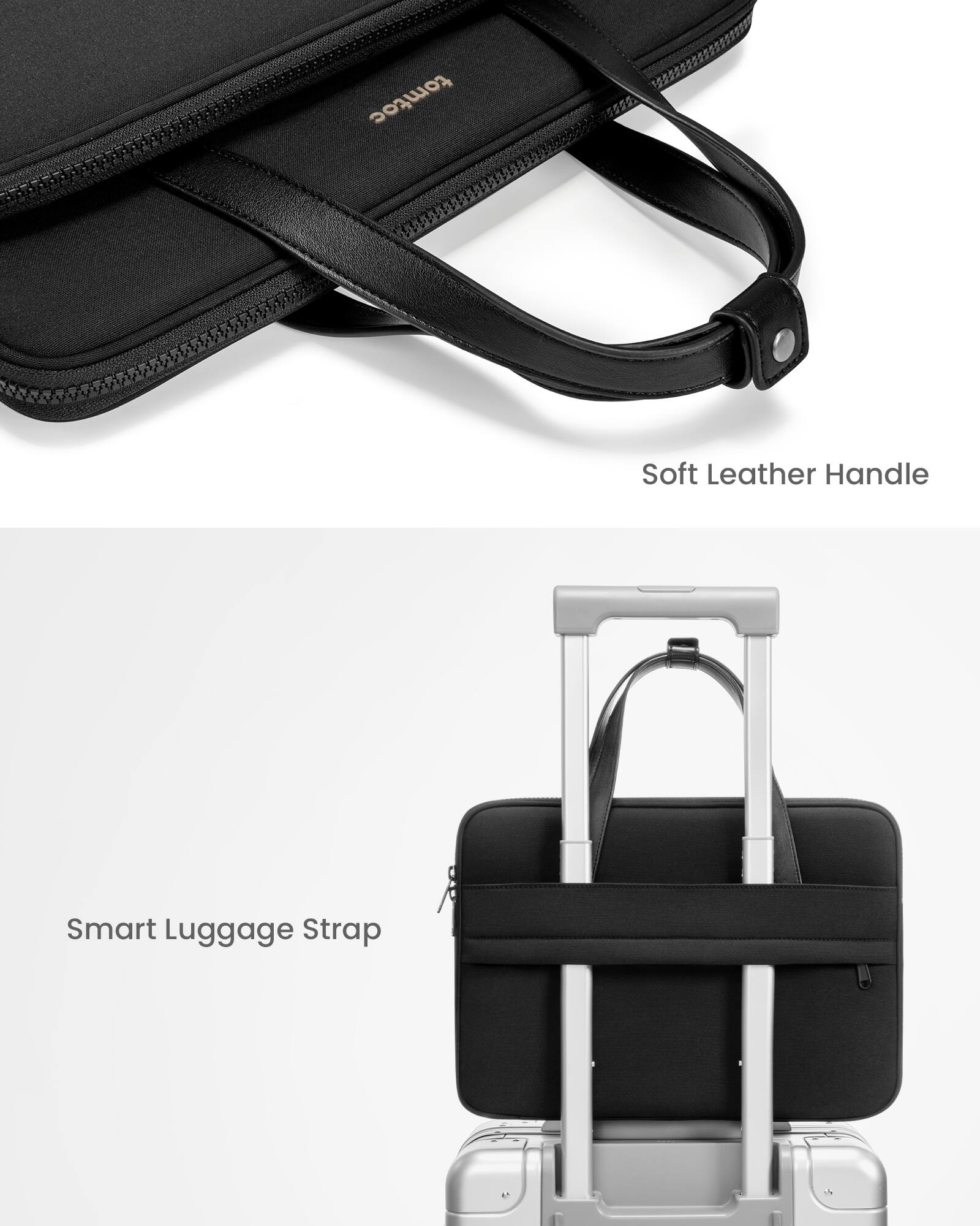 The text on the image reads: "Soft Leather Handle Smart Luggage Strap."