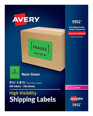 AVERY 5952
Free Easy-to-Use Avery Templates
avery.com/templates
5952
FRAGILE
THIS SIDE UP
Neon Green
5 1/2" x 8 1/2" (actual size not shown)
200 labels - 100 sheets
High Visibility Shipping Labels
Laser
AVERY 5952