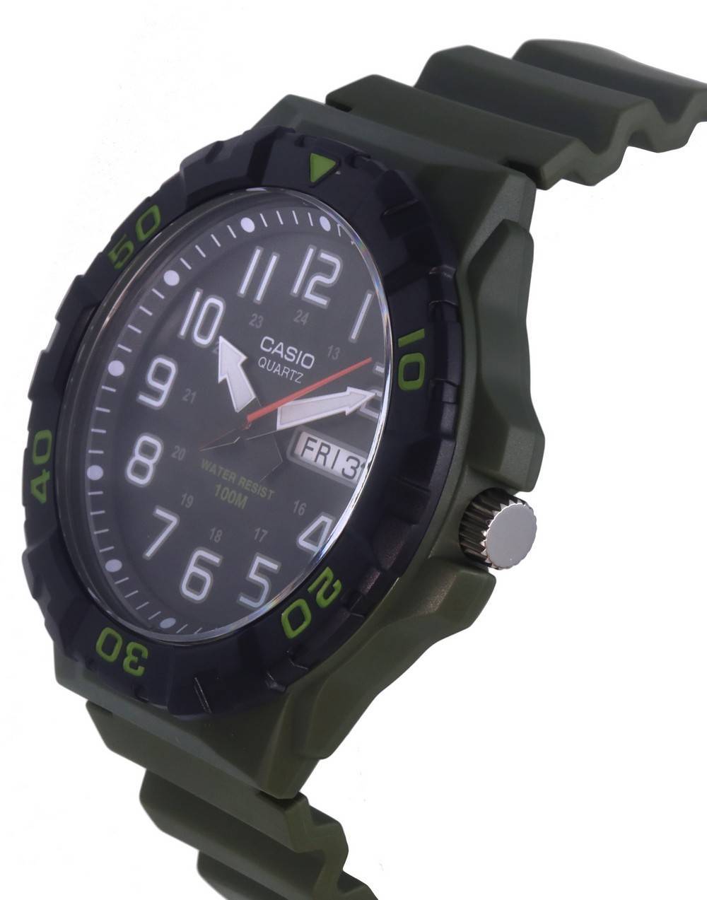 50 11 12 10 23 24 | CASIO QUARTZ 13 9 21 8 20 FRI 3 40 19 WATER RESIST 100M 16 18 17 A 7 6 5 20 30