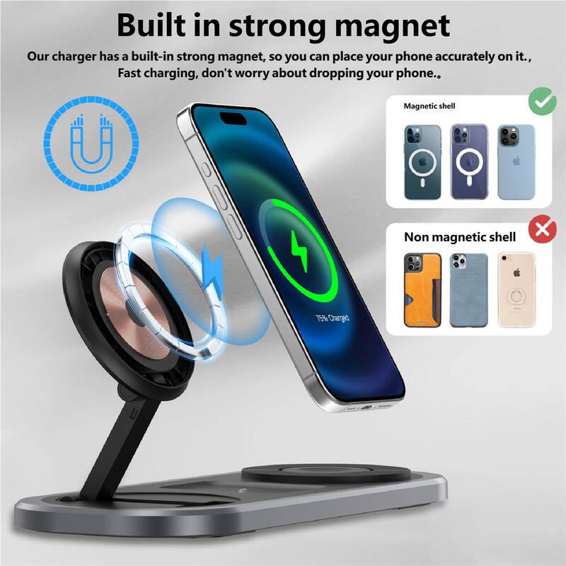 Built in strong magnet  
Our charger has a built-in strong magnet, so you can place your phone accurately on it. Fast charging, don't worry about dropping your phone.  

Magnetic shell  
Non magnetic shell