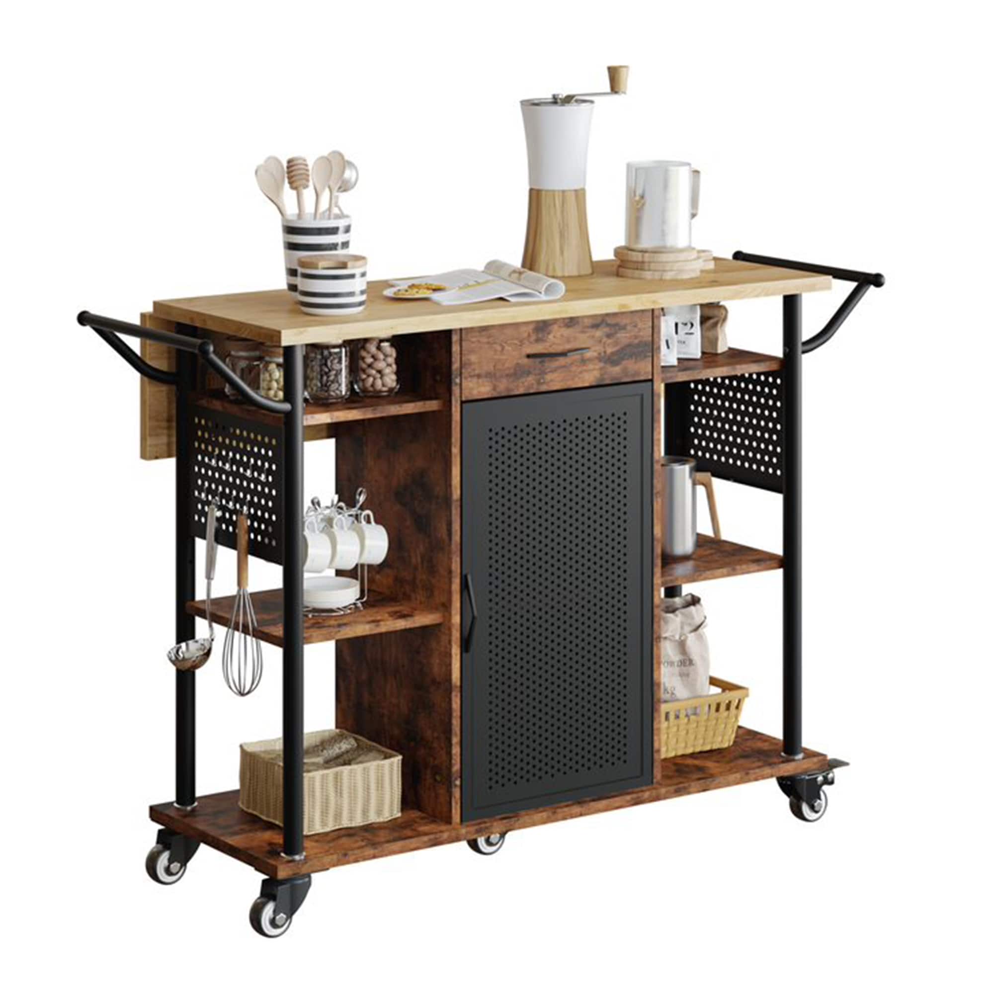 Bestier - Rolling Kitchen Utility Cart with Collapsible Surface Extender - Brown