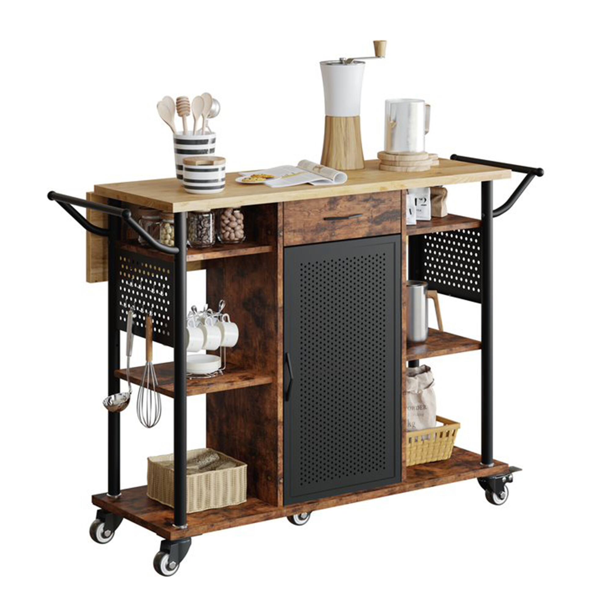 Front. Bestier - Bestier Rolling Kitchen Utility Cart with Collapsible Surface Extender, Brown - Brown.