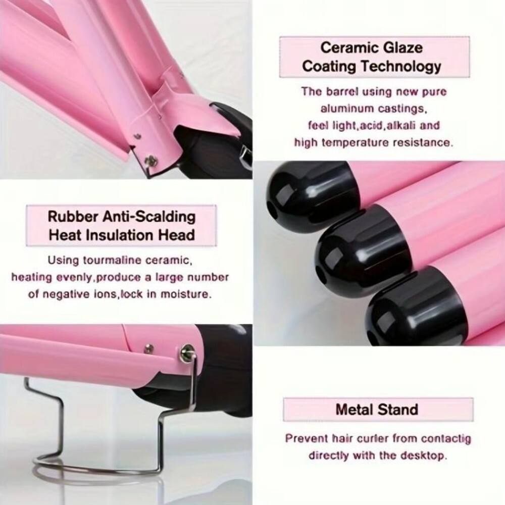 Ceramic Glaze Coating Technology  
The barrel using new pure aluminum castings, feel light, acid, alkali and high temperature resistance.  

Rubber Anti-Scalding Heat Insulation Head  
Using tourmaline ceramic, heating evenly, produce a large number of negative ions, lock in moisture.  

Metal Stand  
Prevent hair curler from contacting directly with the desktop.