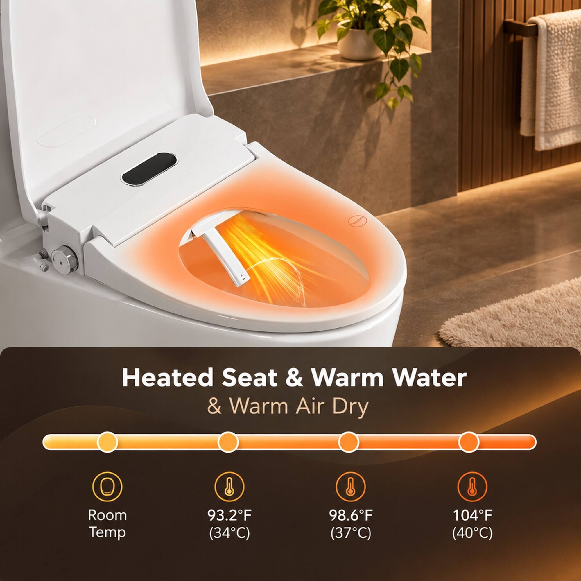 Heated Seat & Warm Water & Warm Air Dry

Room Temp
93.2F (34C)
98.6F (37C)
104F (40C)