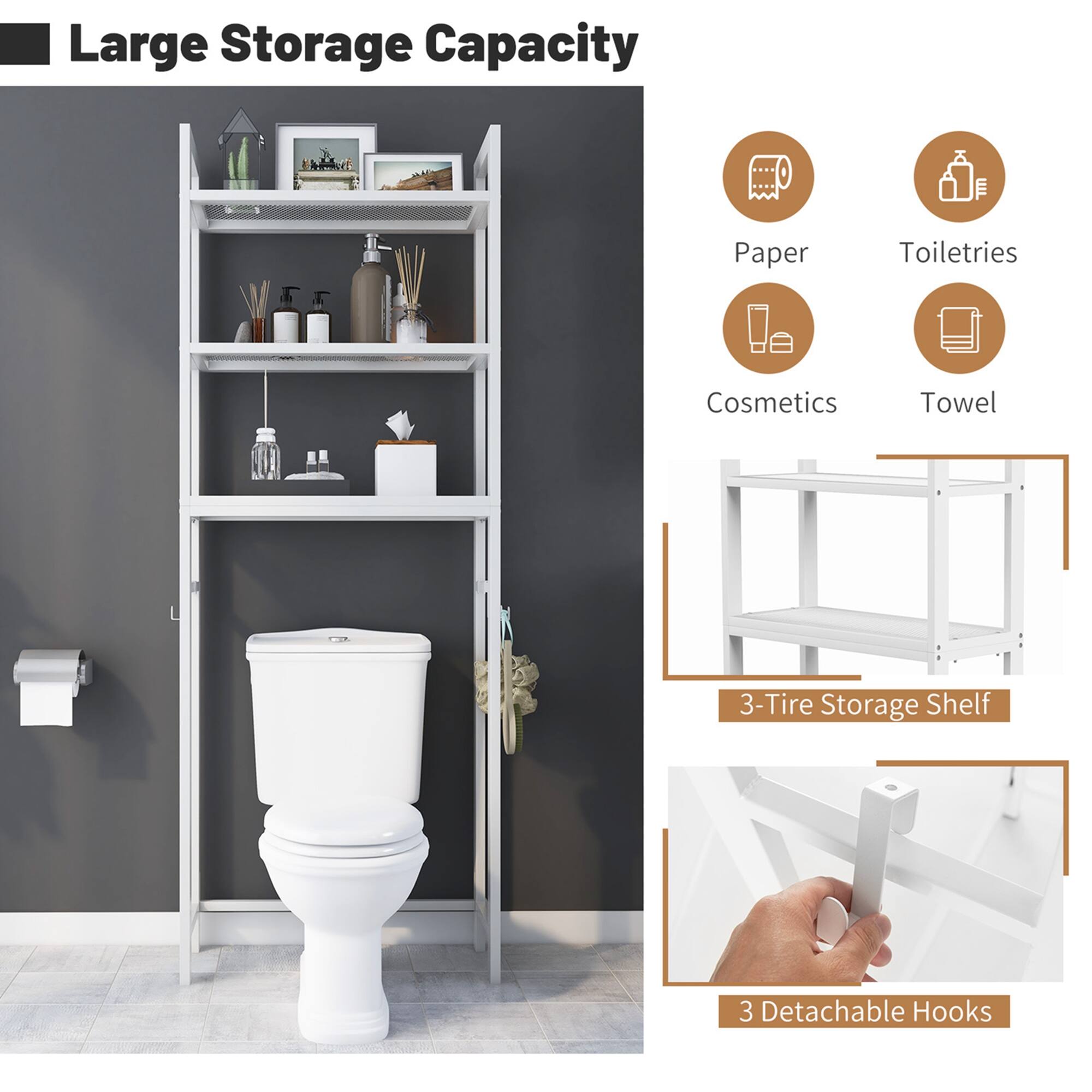 Large Storage Capacity

Paper
Toiletries
Cosmetics
Towel
3-Tire Storage Shelf
3 Detachable Hooks