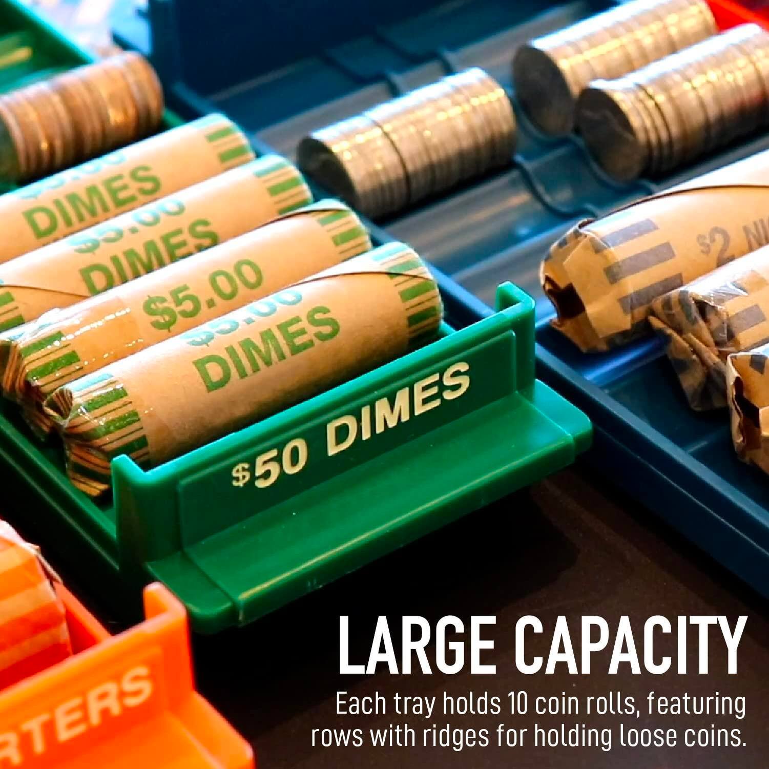 - DIMES $0.00  
- DIMES $5.00  
- DIMES $50  
- $2 NICKELS  
- LARGE CAPACITY  
- Each tray holds 10 coin rolls, featuring rows with ridges for holding loose coins.