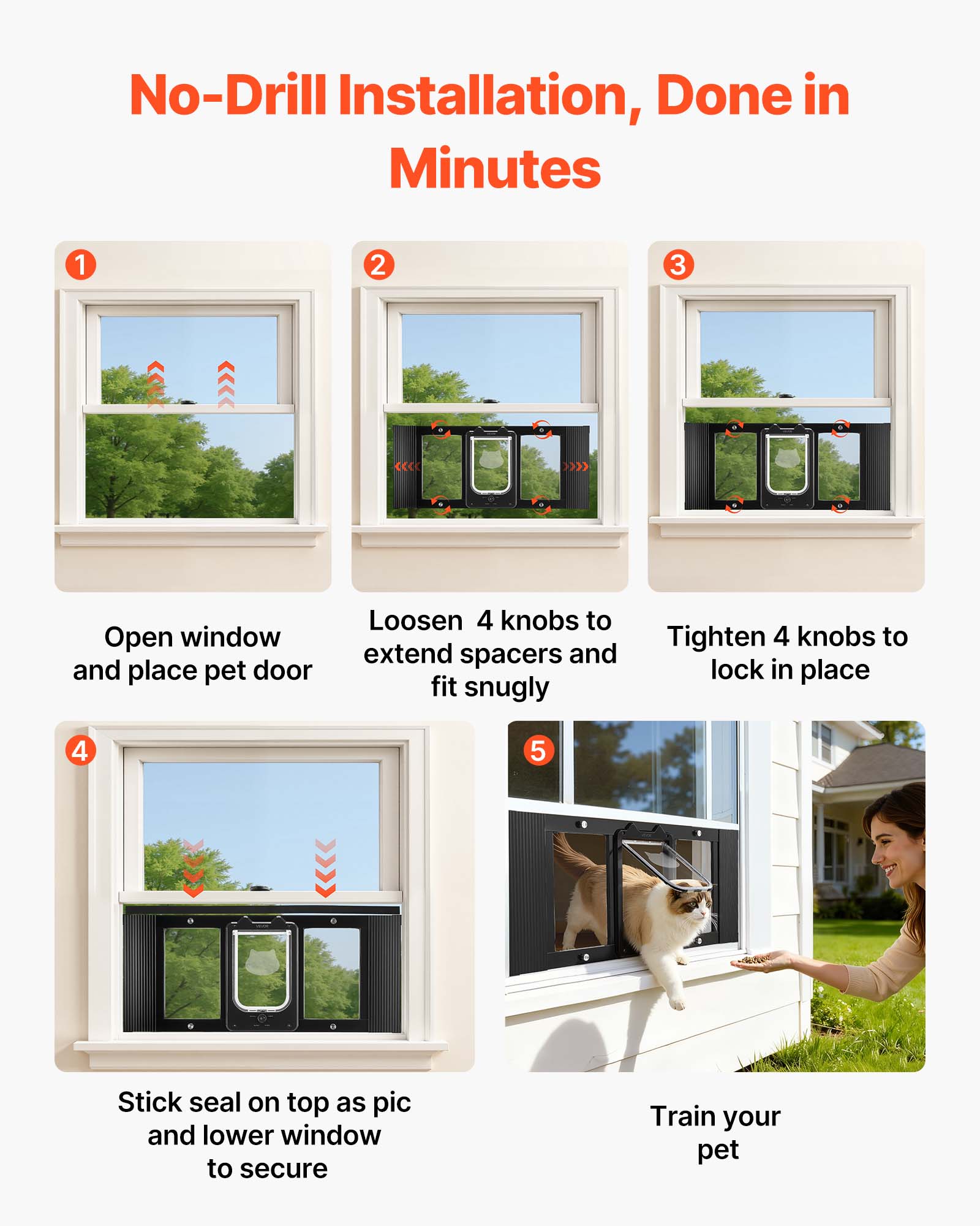 No-Drill Installation, Done in Minutes

1. Open window and place pet door
2. Loosen 4 knobs to extend spacers and fit snugly
3. Tighten 4 knobs to lock in place
4. Stick seal on top as pic and lower window to secure
5. Train your pet