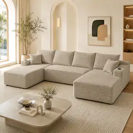 Anysun - 134" Modern Modular Design U-Shape Cloud Sectional Sofa with Side Pockets & Cup Holders, Deep Seating - Camel