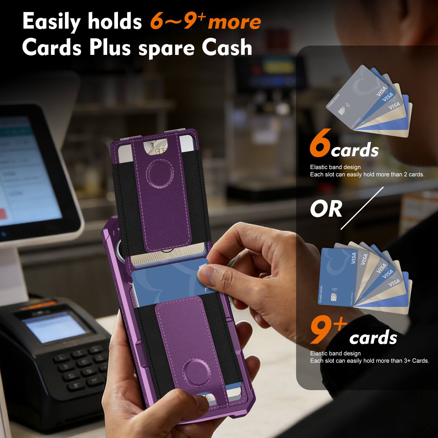 Easily holds 6~9+ more Cards Plus spare Cash

6 cards
Elastic band design
Each slot can easily hold more than 2 cards.

OR

9+ cards
Elastic band design
Each slot can easily hold more than 3+ Cards.