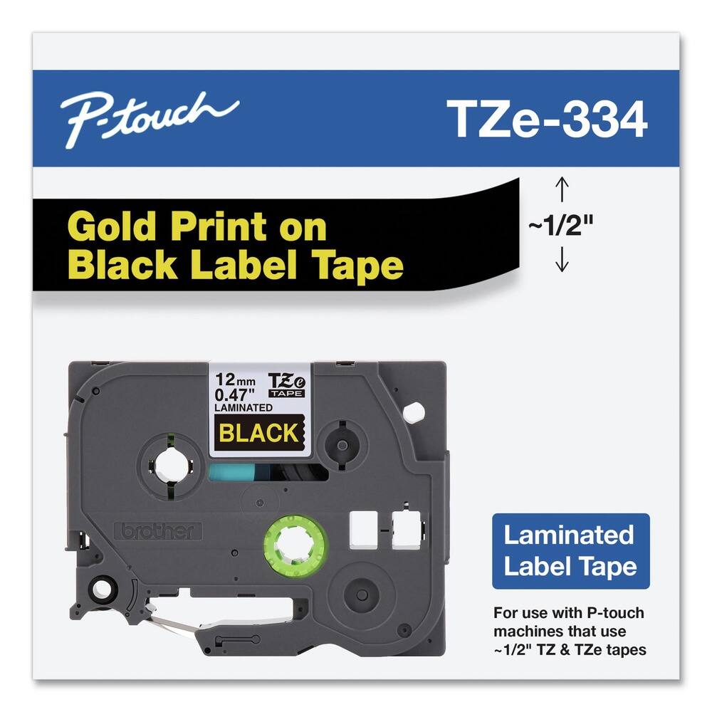 P-touch  
TZe-334  

Gold Print on Black Label Tape  

12mm  
0.47"  
LAMINATED  
BLACK  

Laminated Label Tape  

For use with P-touch machines that use ~1/2" TZ & TZe tapes