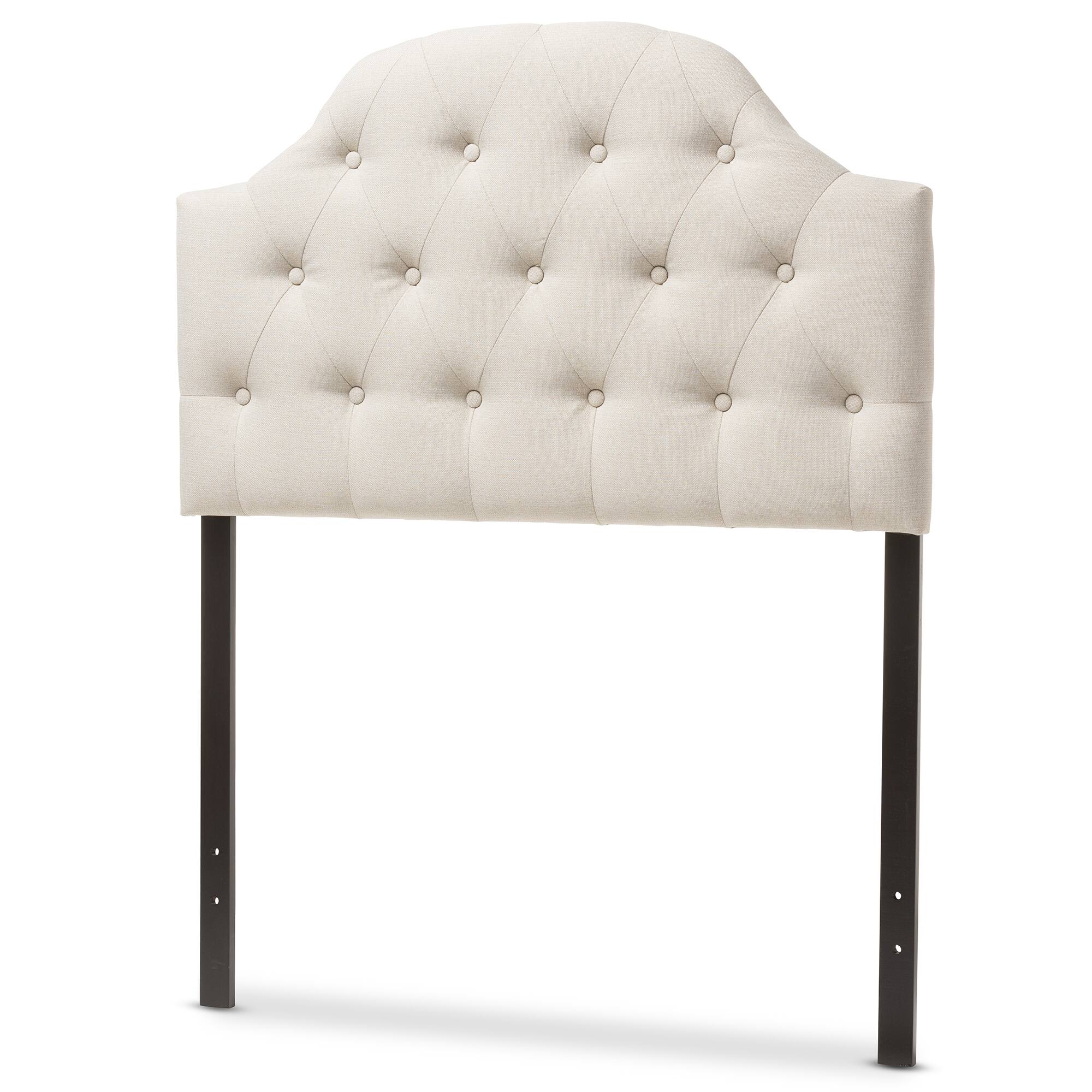 Angle. Baxton Studio - Morris Modern and Contemporary Fabric Upholstered Button-Tufted Scalloped Twin Size Headboard - Light Beige.