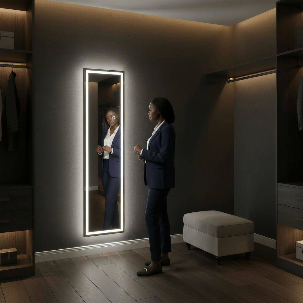 Alt View 5. Kadyn - 59x16 Inch Slim Frameless Vertical LED Wall Mirror for Contemporary Spaces - Black.