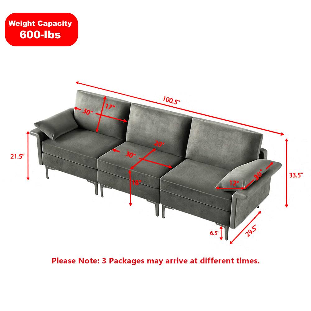 Weight Capacity: 600-lbs

Dimensions:
- Length: 100.5"
- Width: 33.5"
- Height: 30"
- Seat Height: 18"
- Arm Height: 21.5"
- Depth: 30"
- Back Height: 29.5"
- Armrest Width: 12"
- Seat Depth: 20"

Please Note: 3 Packages may arrive at different times.
