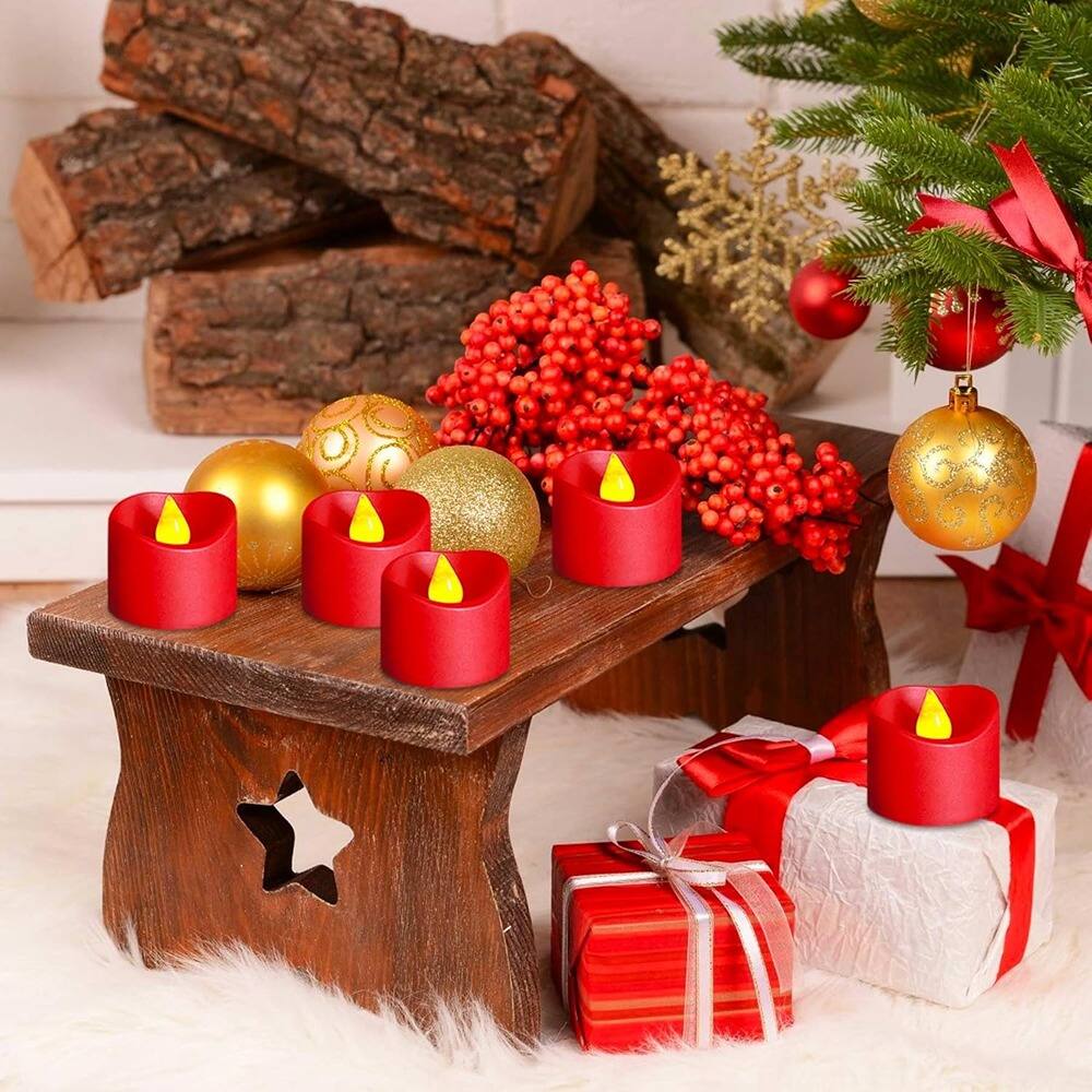 Left. RTMB - 12-Pc Red LED Tea Lights, Flameless Votive Candles, Battery-Operated for Decor.