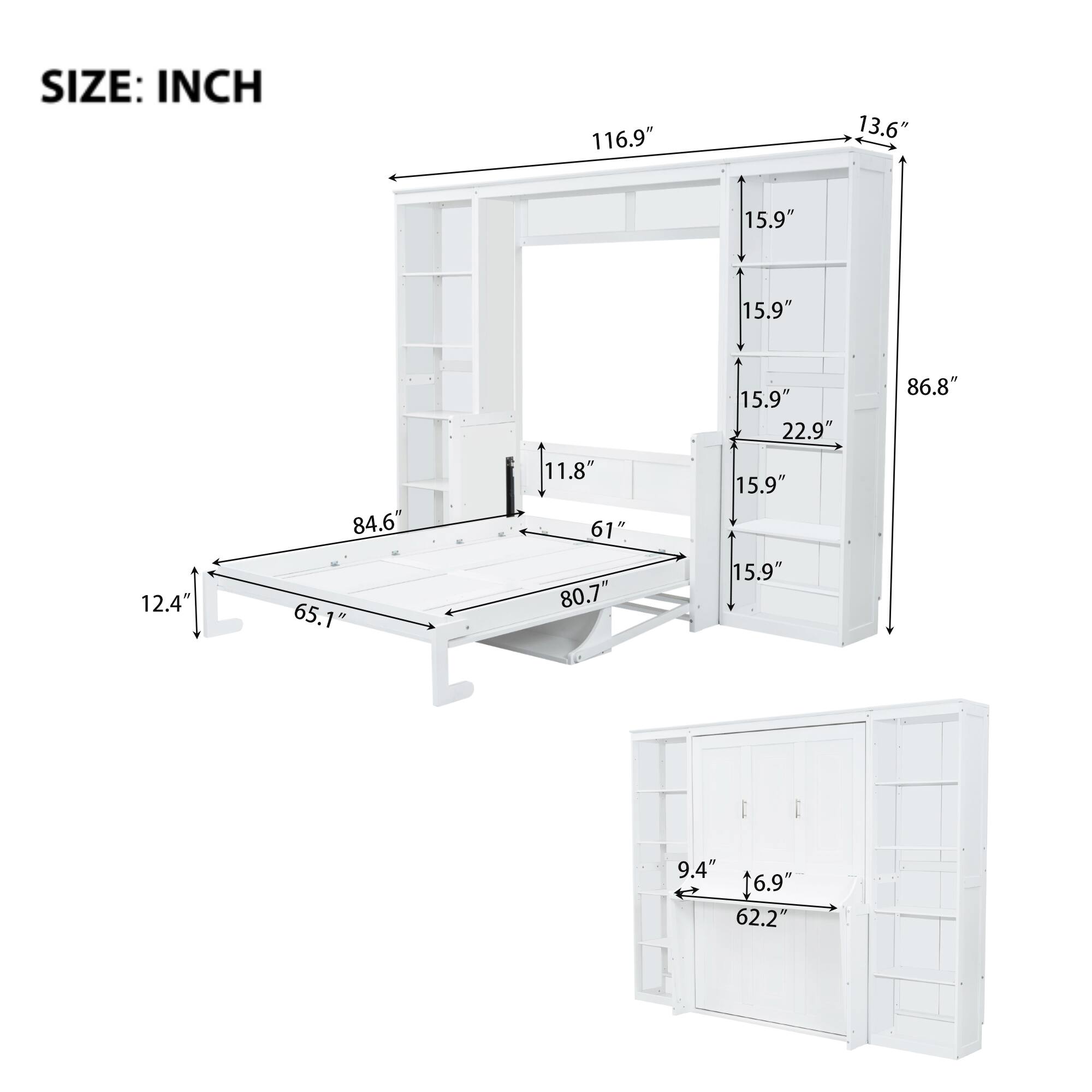 SIZE: INCH

- 116.9"
- 13.6"
- 15.9" (x4)
- 22.9"
- 86.8"
- 84.6"
- 65.1"
- 12.4"
- 61"
- 80.7"
- 11.8"
- 9.4"
- 62.2"
- 6.9"