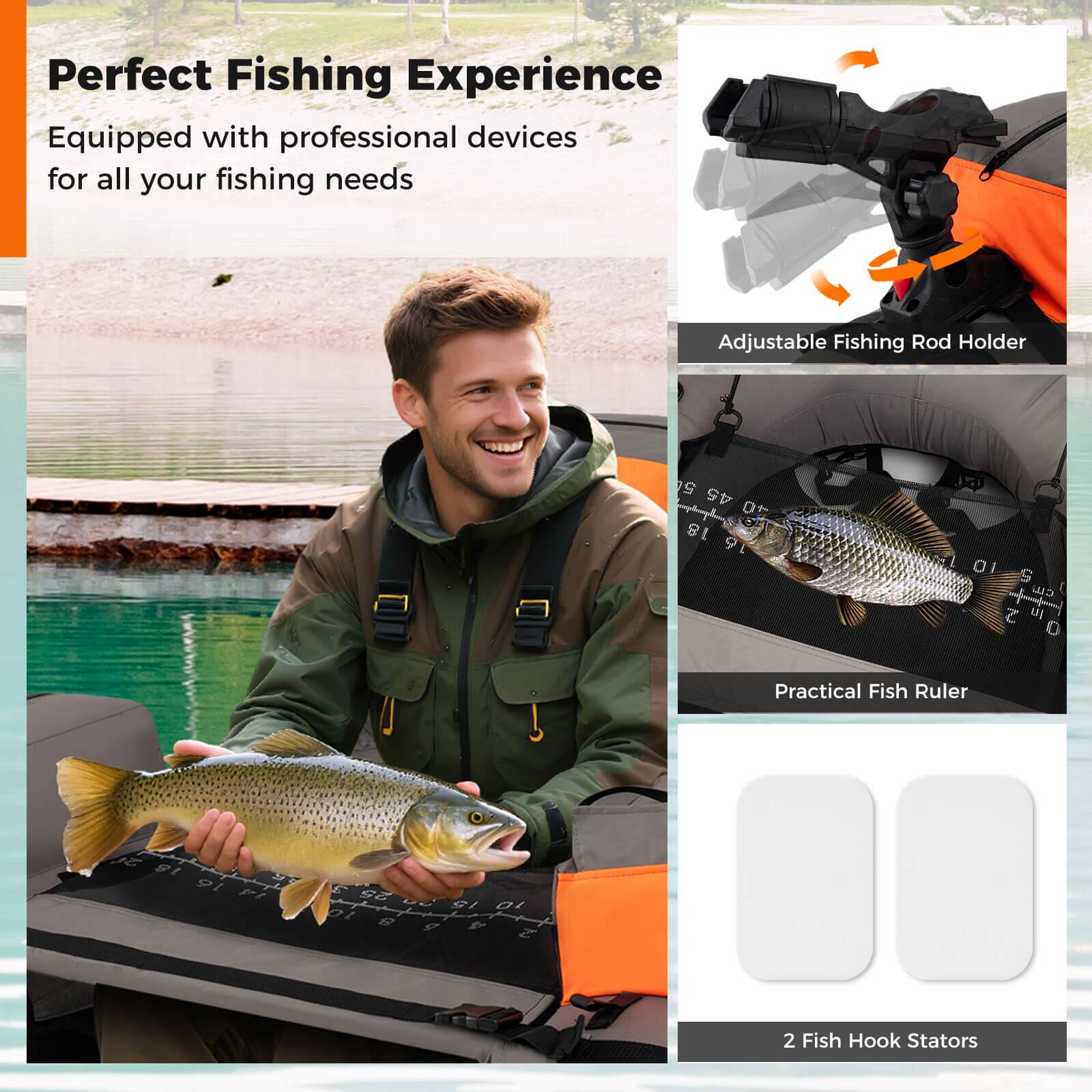 Perfect Fishing Experience  
Equipped with professional devices for all your fishing needs  

- Adjustable Fishing Rod Holder  
- Practical Fish Ruler  
- 2 Fish Hook Stators