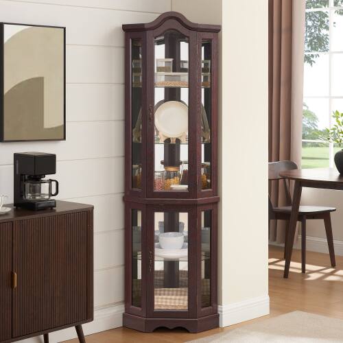 Angle. LUCKY ONE - Freestanding Corner Curio Cabinet with Tempered Glass Shelves LED Light Display for Living Room Decor - Cherry.
