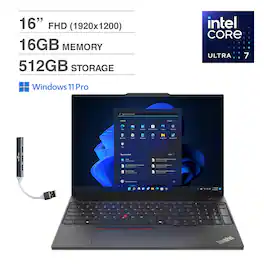 Lenovo - ThinkPad E16 Gen 2 Laptop 16.0 FHD Display (Intel Ultra 7 155U, 16GB DDR5, 512GB PCIe SSD, Win 11 Pro)w/USB Hub - Black