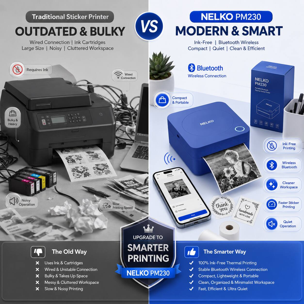 Traditional Sticker Printer NELKO PM230 OUTDATED & BULKY VS MODERN & SMART

Wired Connection | Ink Cartridges
Large Size | Noisy | Cluttered Workspace

Requires Ink
Wired Connection
Bulky & Heavy
Noisy Operation
Slow Printing Speed

The Old Way
- Uses Ink & Cartridges
- Wired & Unstable Connection
- Bulky & Takes Up Space
- Messy & Cluttered Workspace
- Slow & Noisy Printing

NELKO PM230
Ink-Free | Bluetooth Wireless
Compact | Quiet | Clean & Efficient

Bluetooth
Wireless Connection
Compact & Portable
Ink-Free Printing
Wireless Bluetooth
Cleaner Workspace
Faster Sticker Printing
Quiet Operation

The Smarter Way
- 100% Ink-Free Thermal Printing
- Stable Bluetooth Wireless Connection
- Compact, Lightweight & Portable
- Clean, Organized & Minimalist Workspace
- Fast, Efficient & Ultra Quiet

UPGRADE TO SMARTER PRINTING
NELKO PM230