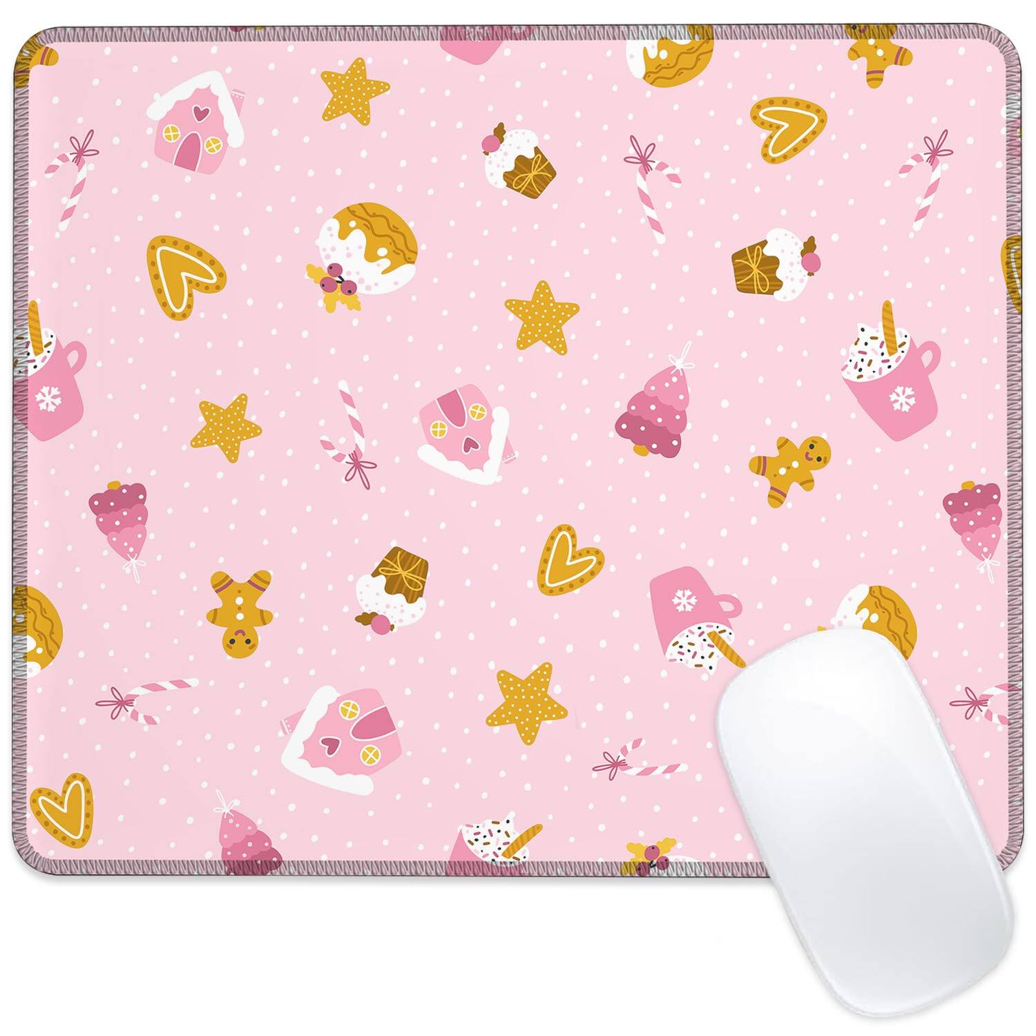 Front. Fabibe - Christmas Small Mouse Pad  Winter Snowy Eve Desk Mat For And Non-slip Rubber Base Double Stitched Edges Computer Lapt... - Cute Pink Christmas.