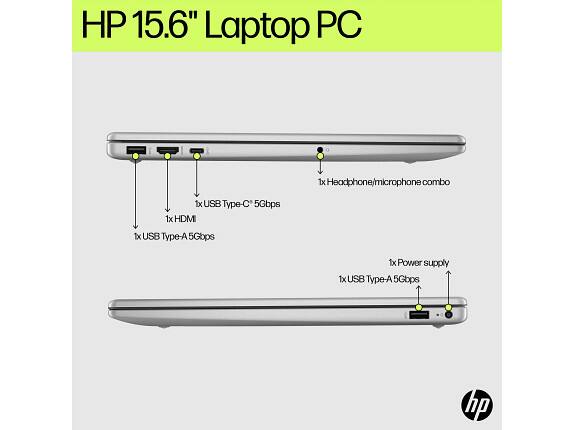 HP 15.6" Laptop PC  
1x Headphone/microphone combo  
1x USB Type-C 5Gbps  
1x HDMI  
1x USB Type-A 5Gbps  
1x Power supply  
1x USB Type-A 5Gbps  
hp