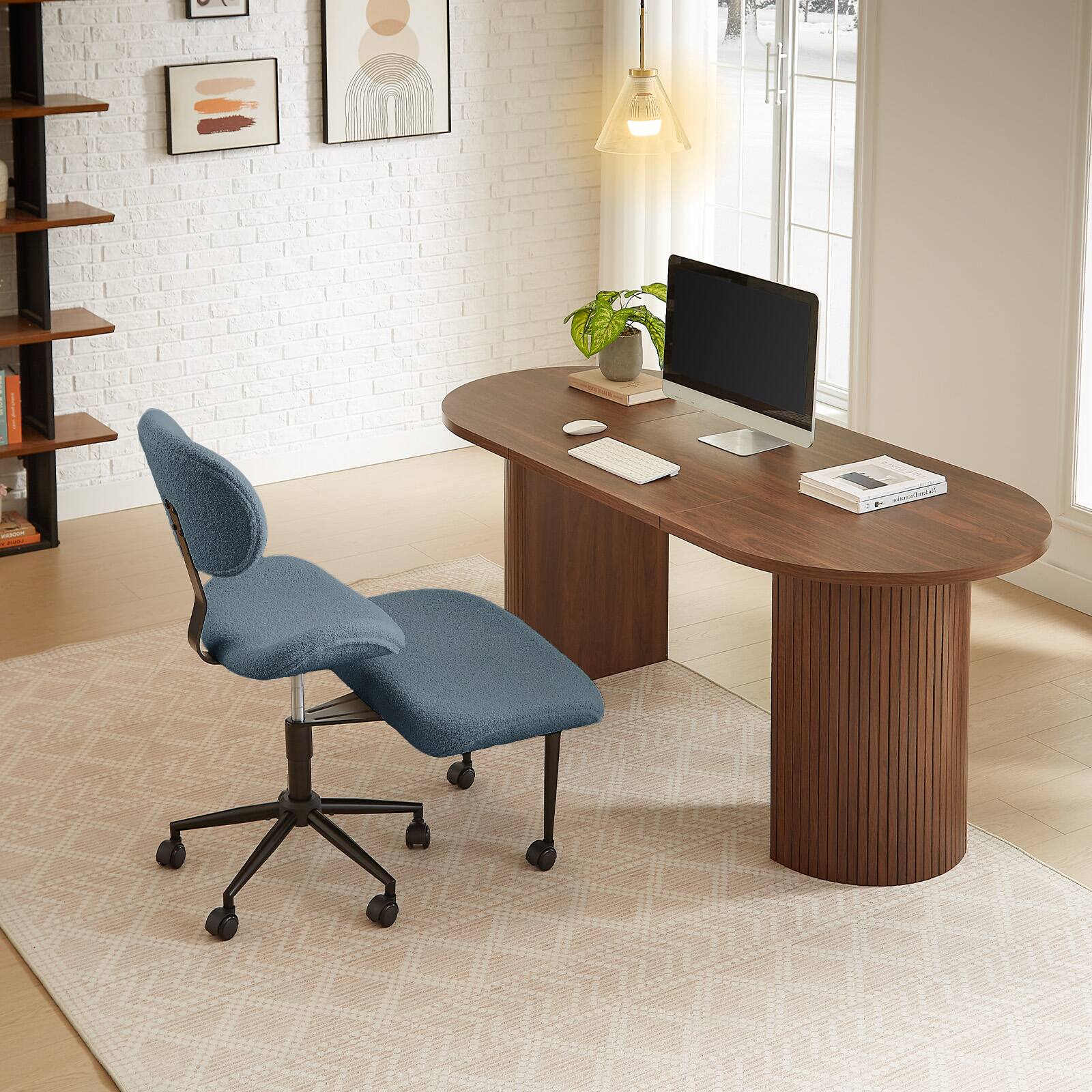 Back. Pinmoco - Fabric Ergonomic Office Chair with Back Support and Wheels Cross-Legged ADHD Adjustable Office Chair - Teddy Blue.