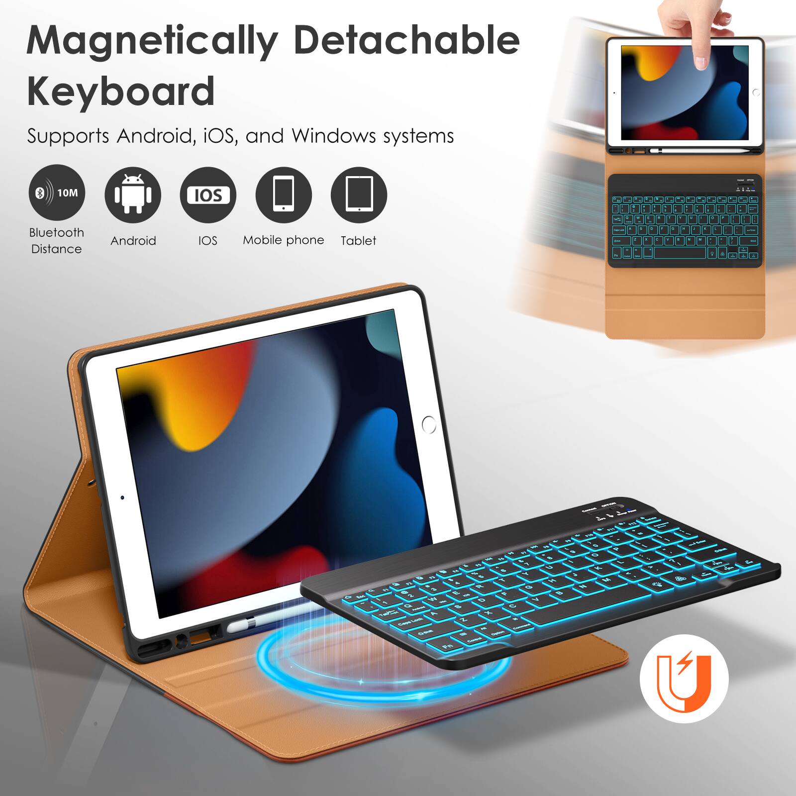 Magnetic Detachable Keyboard  
Supports Android, iOS, and Windows systems  

- Bluetooth Distance: 10M  
- Android  
- iOS  
- Mobile phone  
- Tablet  

1 I 2 W T & K L d G S A L O S f r P d L F M 3 H A 5 =