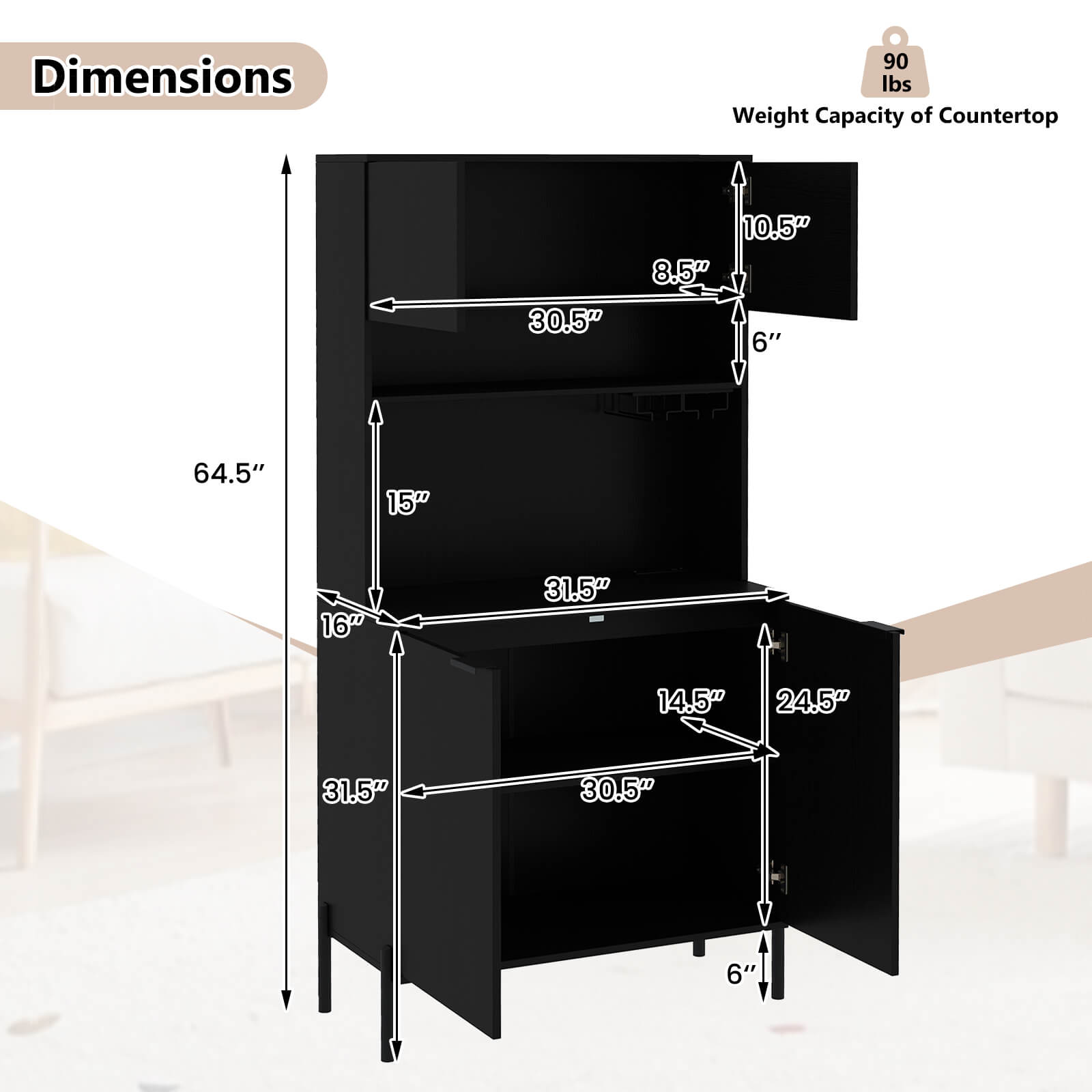 Dimensions:
- Height: 64.5"
- Width: 31.5"
- Depth: 16"
- Countertop Dimensions: 30.5" x 14.5"
- Shelf Dimensions: 31.5" x 24.5"
- Drawer Dimensions: 30.5" x 10.5" x 6"
- Drawer Thickness: 0.5"
- Drawer Height: 8.5"

Weight Capacity of Countertop: 90 lbs