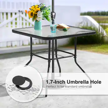glass top patio tables with umbrella hole Flash Furniture Tory Commercial Grade Table Tempered with and Steel Tube Frame, Clear Top/Silver Frame Enhance your restaurant patio space with this dining table to accommodate larger families who wish to dine outdoors without the hassle of rearranging multiple tables together Glass KD Umbrella Table -