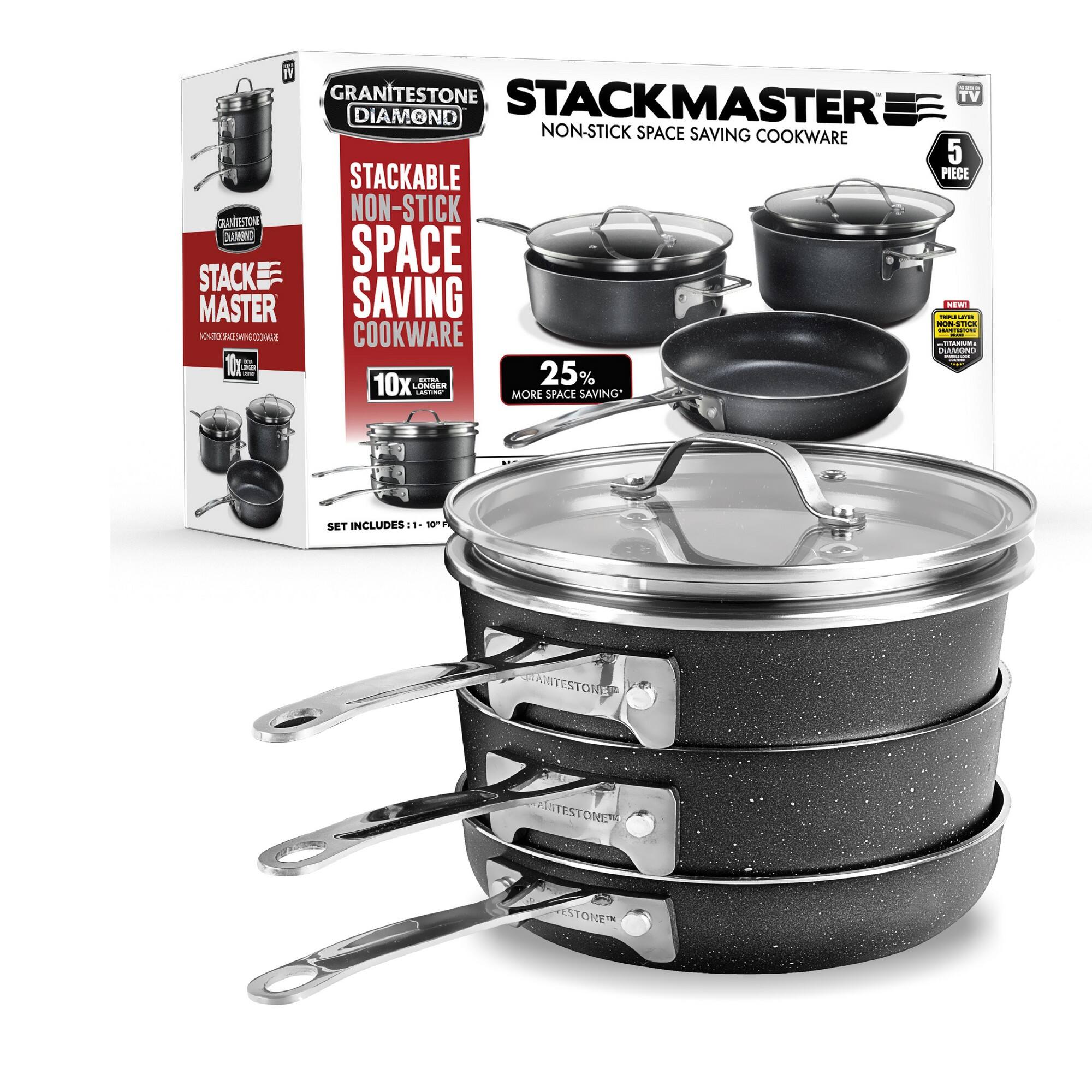 GRANITESTONE STACKMASTER TV DIAMOND NON-STICK SPACE SAVING COOKWARE 5 STACKABLE PIECE STACKMASTER NON-STICK SPACE SAVING - NEW SUNSKA : 10x - 25% MORE SPACE SAVING SET INCLUDES 10 PIECES GRANITESTONE STONE