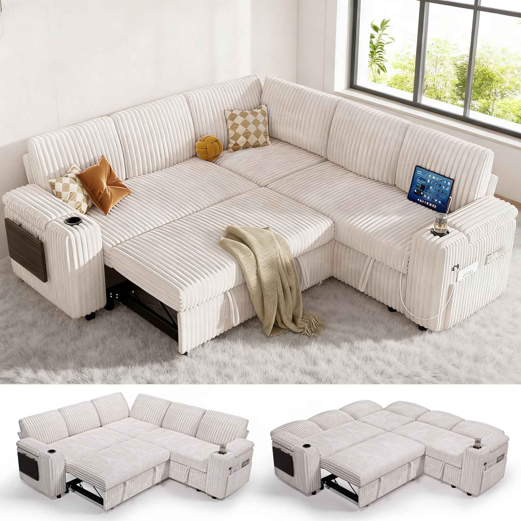 Front. Dyonery - Dyonery 85" Modular Sectional Sleeper Sofa with Pull Out Bed, 5 Seat L Shaped with Reclining Backrest,Corduroy Beige - Green.