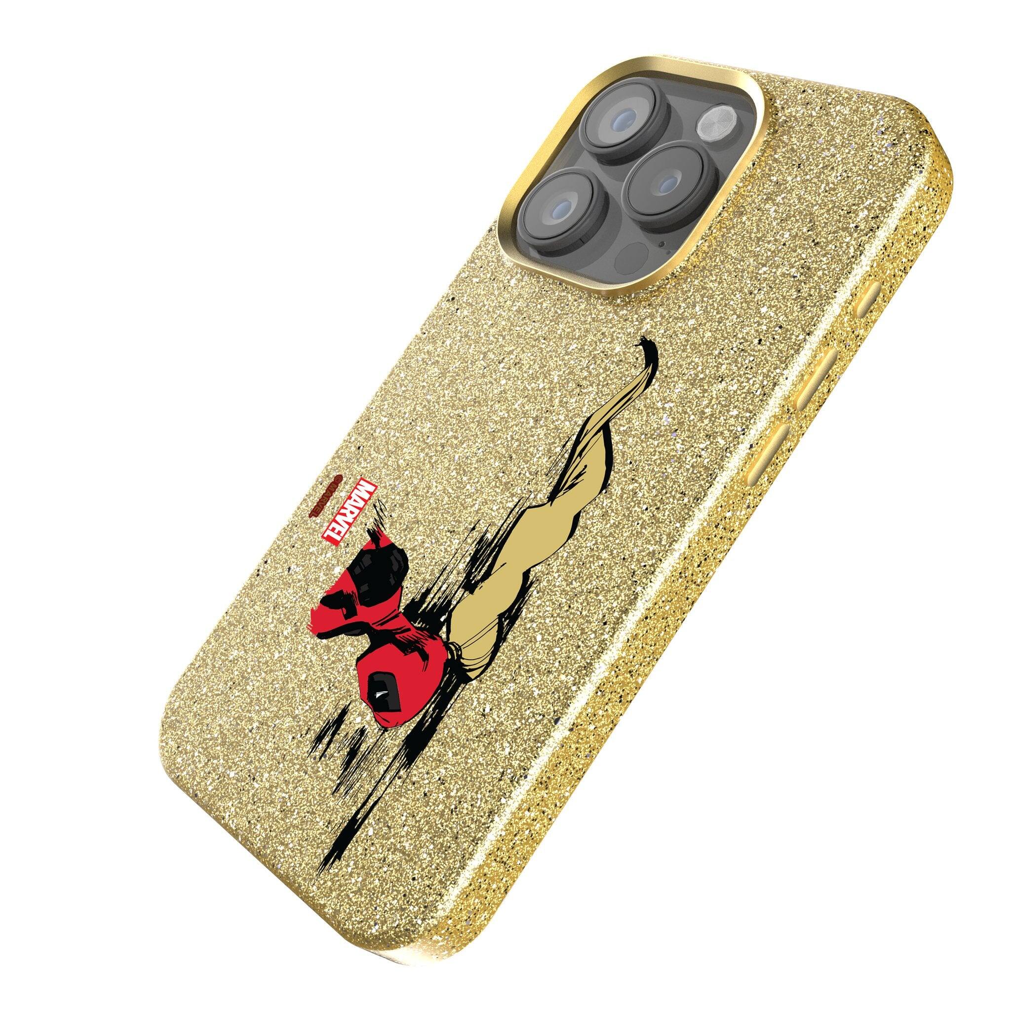 Angle. Keyscaper - Marvel Badge Gold Bling Phone Case - Apple iPhone 16 - Ladypool.