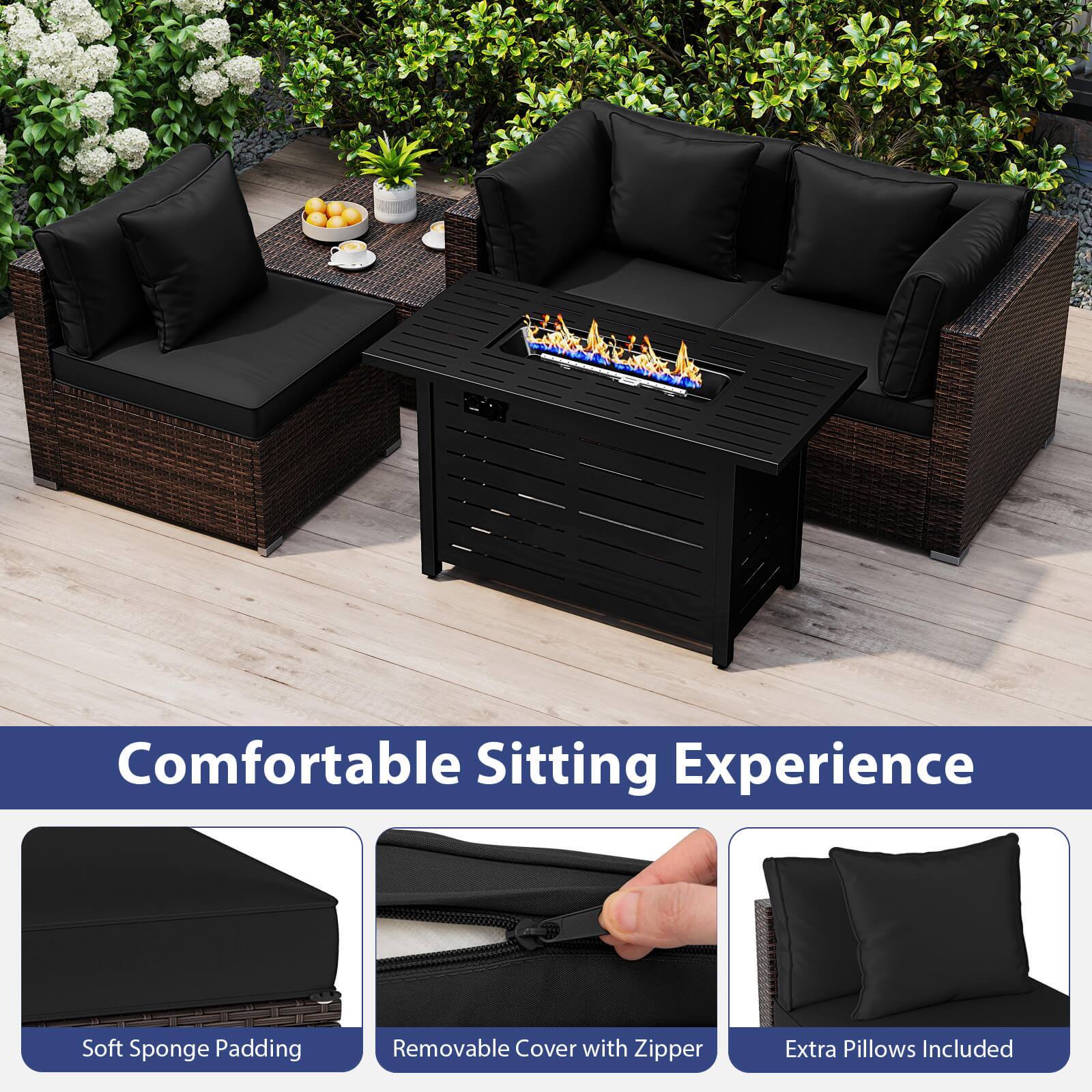 Alt View 5. Costway - Costway 5 PCS Patio Furniture Set Heavy-duty Frame Rattan Sofa Set with 60,000 BTU Firepit Table - Black.