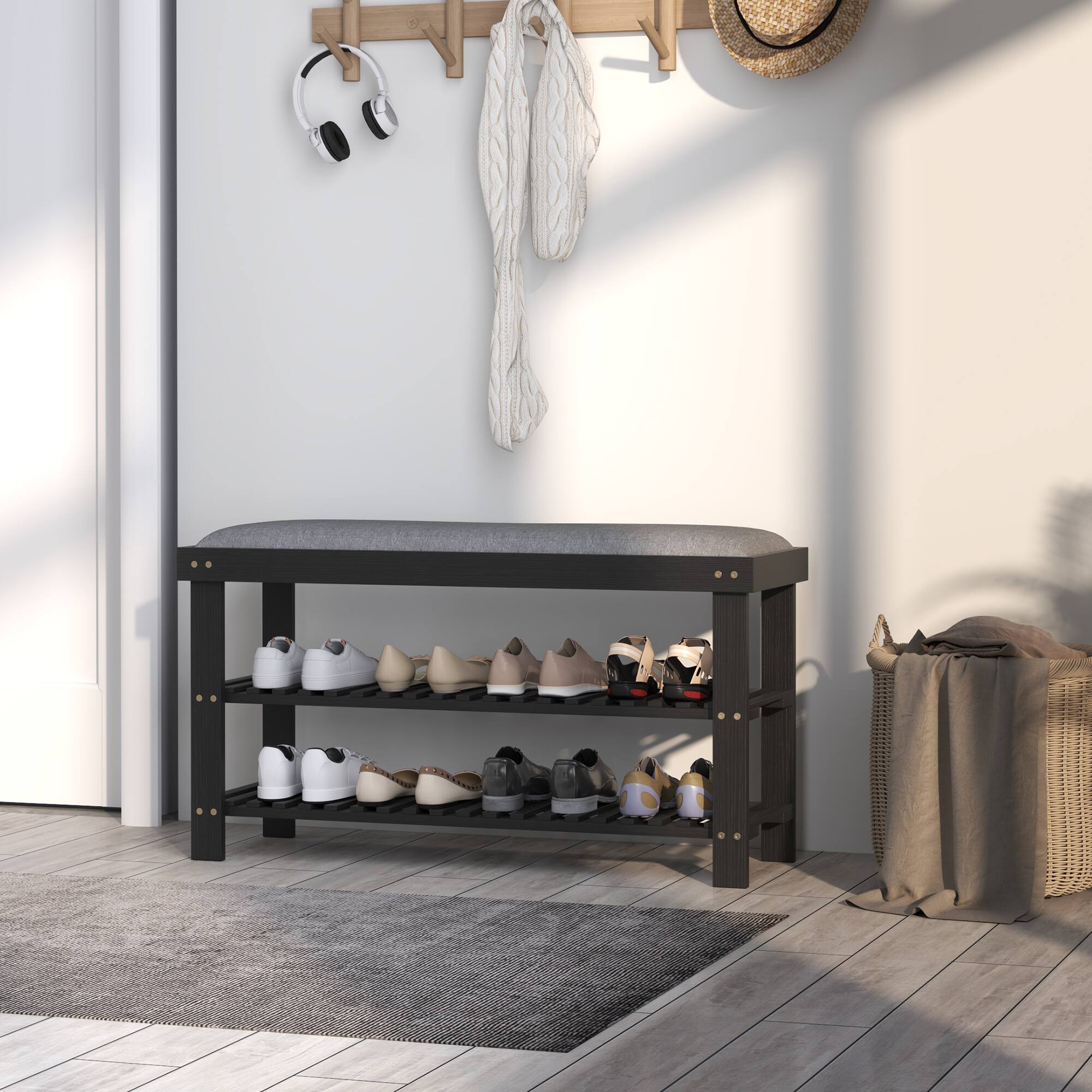 Alt View 8. Homcom - Bamboo Shoe Bench, 3-Tier Entryway Bench with Storage and Cushion, Shoe Organizer for Entryway, Hallway - Black.