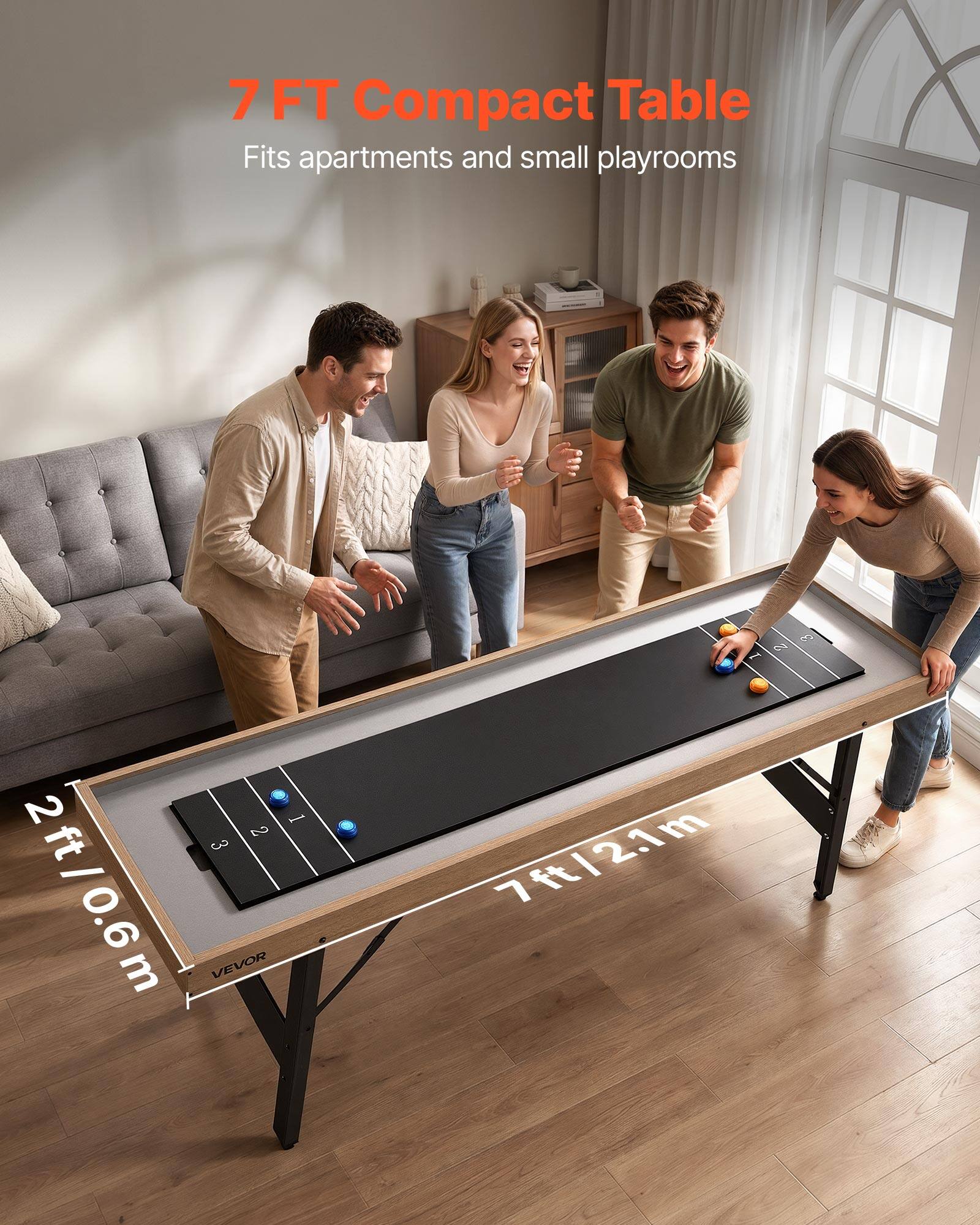 7 FT Compact Table  
Fits apartments and small playrooms  
2 ft/0.6m  
7 ft/2.1m  
VEVOR