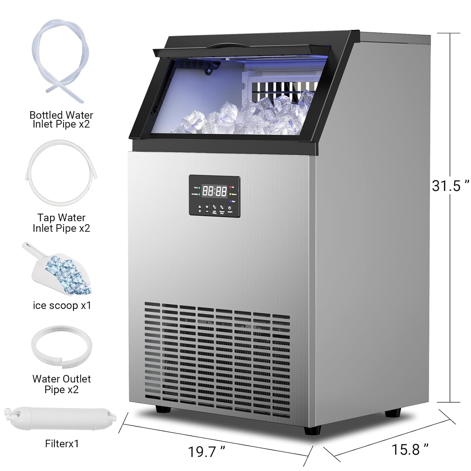 Bottled Water Inlet Pipe x2  
Tap Water Inlet Pipe x2  
Ice Scoop x1  
Water Outlet Pipe x2  
Filter x1  

Dimensions:  
Height: 31.5"  
Width: 19.7"  
Depth: 15.8"