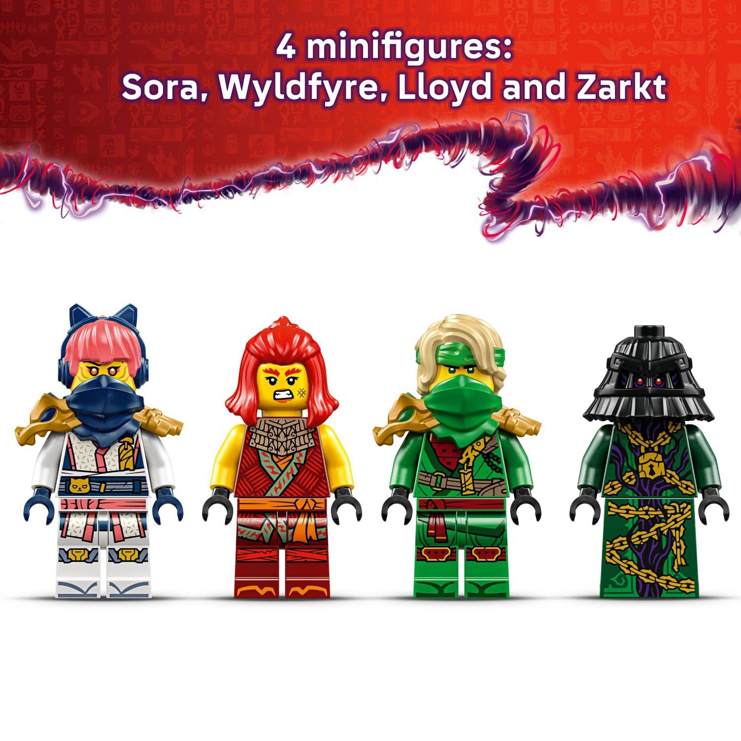 4 minifigures: Sora, Wyldfyre, Lloyd and Zarkt