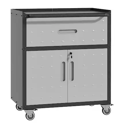 Front. Mirfee - Mobile Tool Cabinet with Wheels, 1 Drawer & 2 Locking Doors - Black+ Gray.