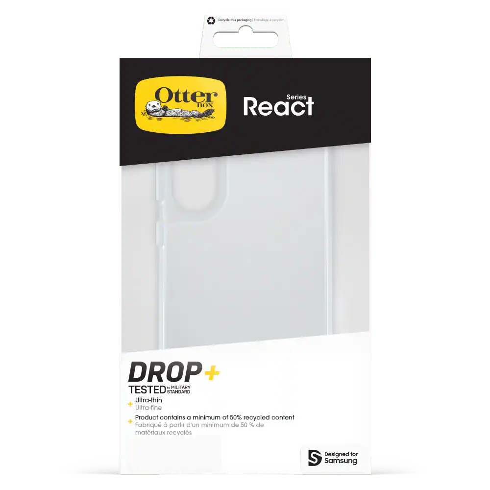 Recycle at packaging | Emballage i recycler

Otter Series BOX React

DROP+ to MILITARY TESTED STANDARD Ultra-thin + Ultra-fine

Product contains a minimum of 50% recycled content + Fabriqué à partir d'un minimum de 50% de matériaux recyclés

Designed for Samsung