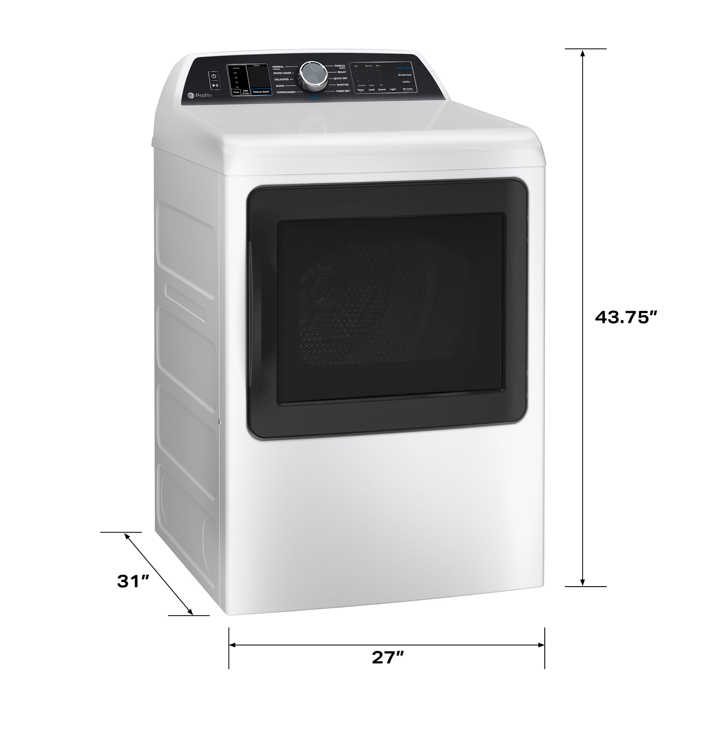 The text on the image reads "43.75" 31" 27". This can be grouped and corrected as follows:
"43.75" 31" 27"
This is a measurement of a machine, likely a washer or dryer, with the dimensions 43.75 inches in width, 31 inches in height, and 27 inches in depth.