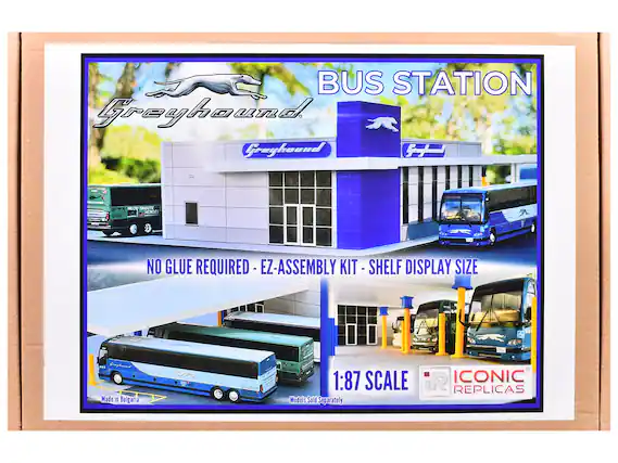 BUS STATION
Greyhound
NO GLUE REQUIRED - EZ-ASSEMBLY KIT - SHELF DISPLAY SIZE
1:87 SCALE
Made in Bulgaria
Models Sold Separately.
ICONIC REPLICA