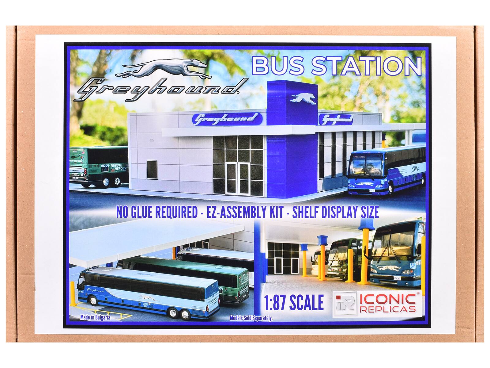 BUS STATION  
Greyhound  

NO GLUE REQUIRED - EZ-ASSEMBLY KIT - SHELF DISPLAY SIZE  

1:87 SCALE  

Made in Bulgaria  

Models Sold Separately.  

ICONIC REPLICA